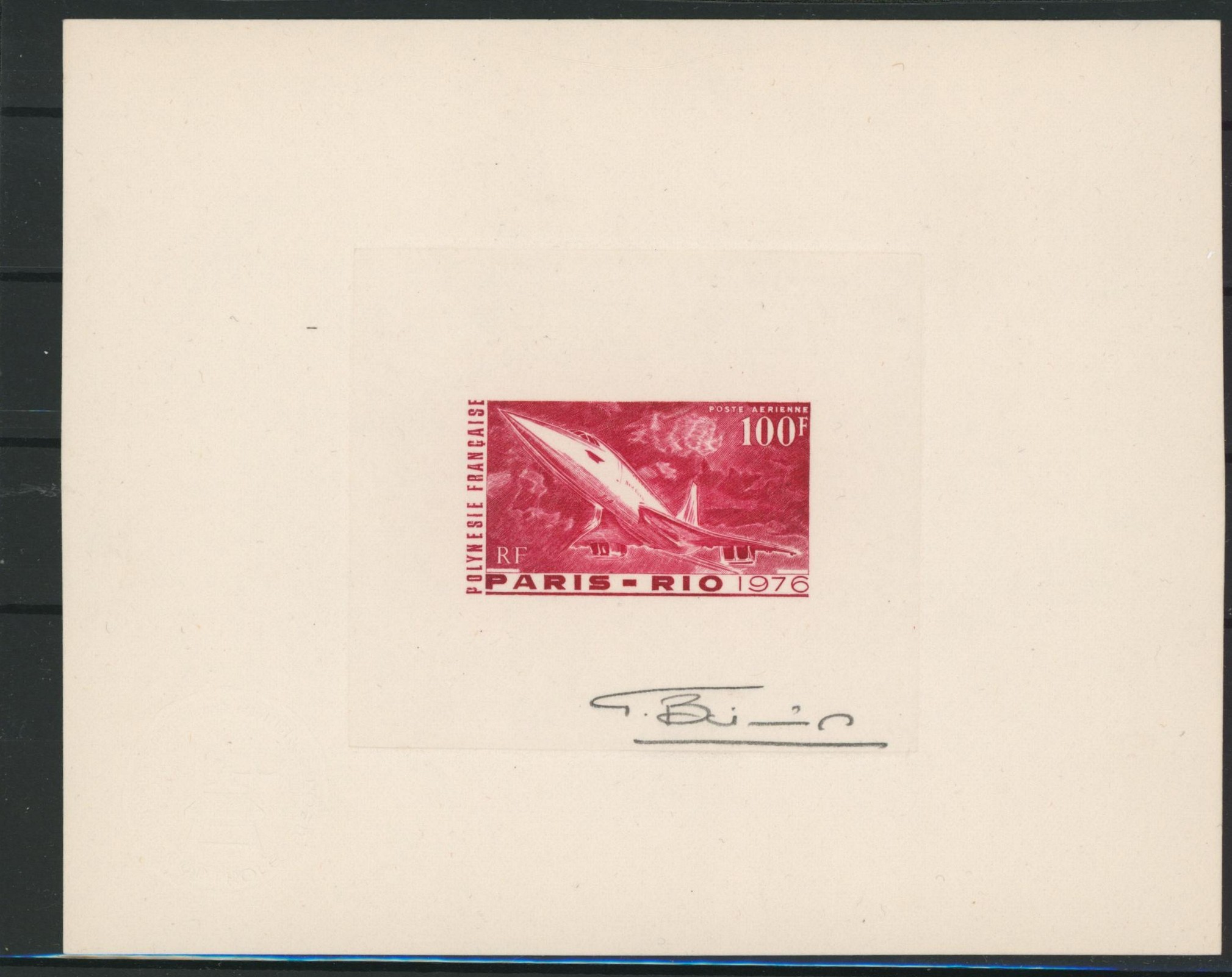 Polynésie Française - épreuve d'artiste couleur 100F Paris-Rio, n°103, signé / Aviation, concorde. 