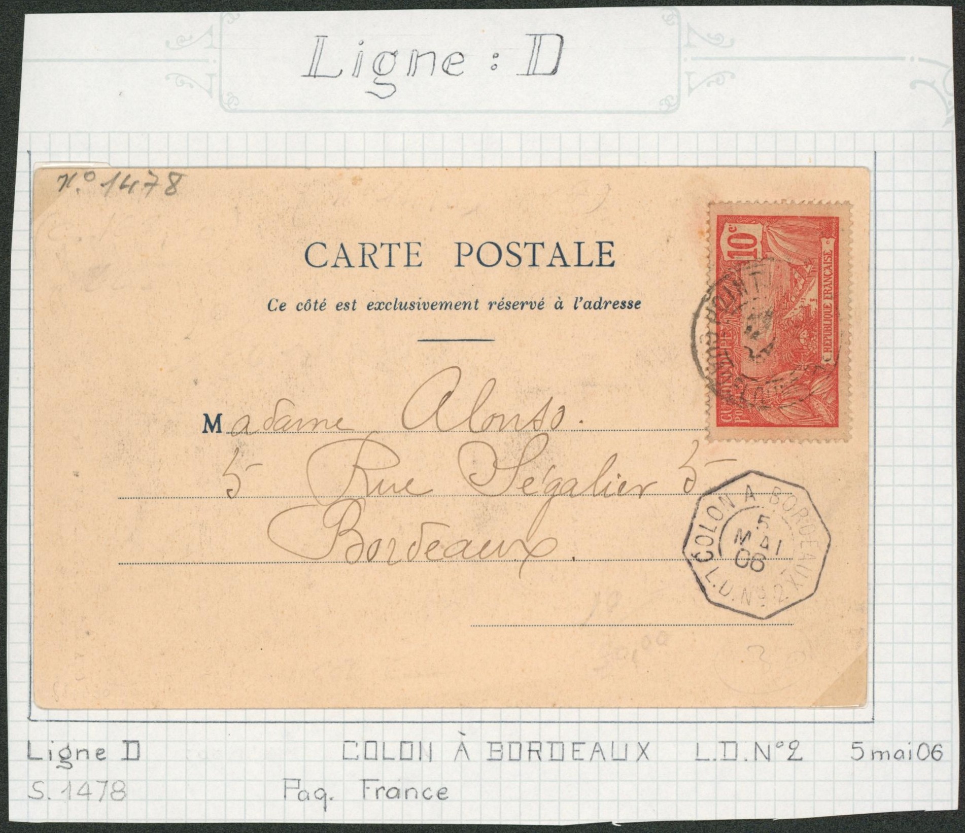 Collection (ligne maritime) - Guadeloupe 10C sur CP vue expédié de Colon + cachet paquebot "Colon à Bordeaux / L.D. n°2" > Bordeaux. Salles n°1478"