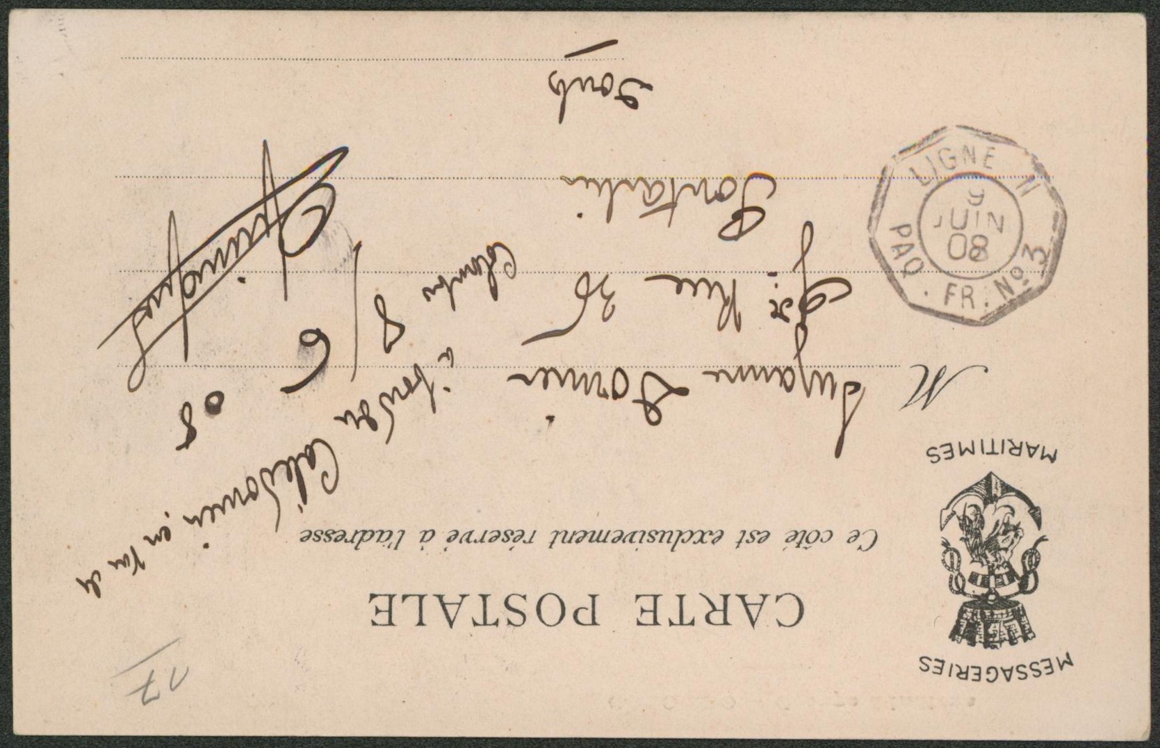 Collection (ligne maritime) - CP vue + obl paquebot "Ligne N / Paq. FR. n°3" (Prov. Colombo) > Pontarlier (Doubs) Salles 1924 (Paq. Calédonia)"