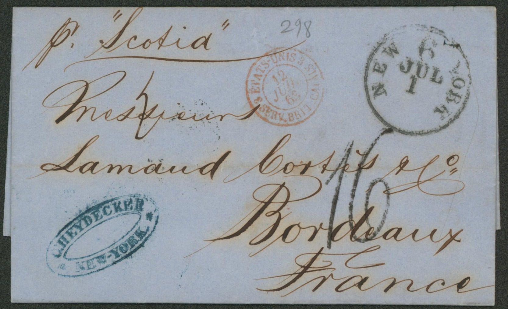 Collection (ligne maritime) - LAC datée de New-York + cachet de transit rouge "3 etats-unis 3 / Serv. Brit. Calais" par le paquebot "Scotia" > Bordeaux."