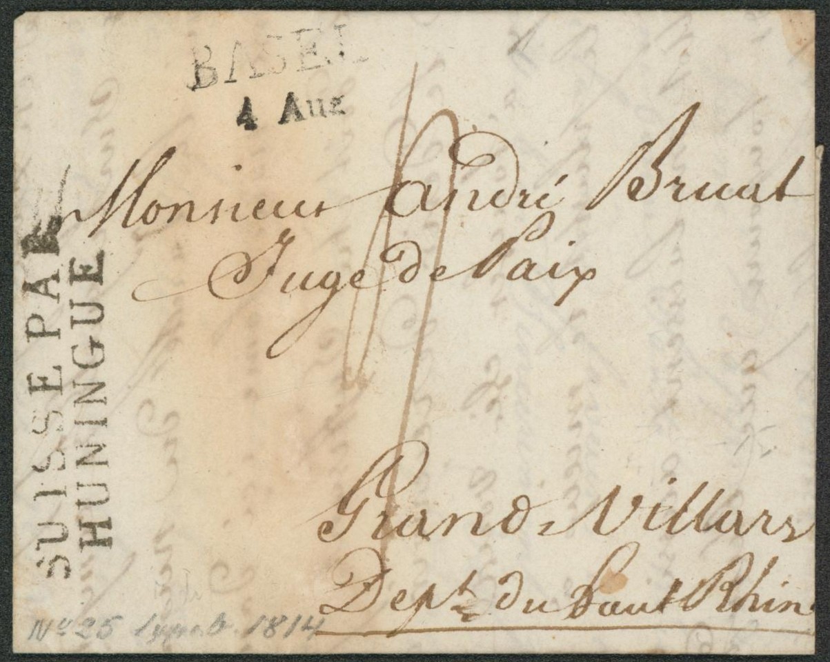 Suisse - LAC datée de Basel + obl linéaire noir Basel 4 aug. Et griffe de passage SUISSE PAR / HUNINGUE, port "4" > Grandvillars (France)"