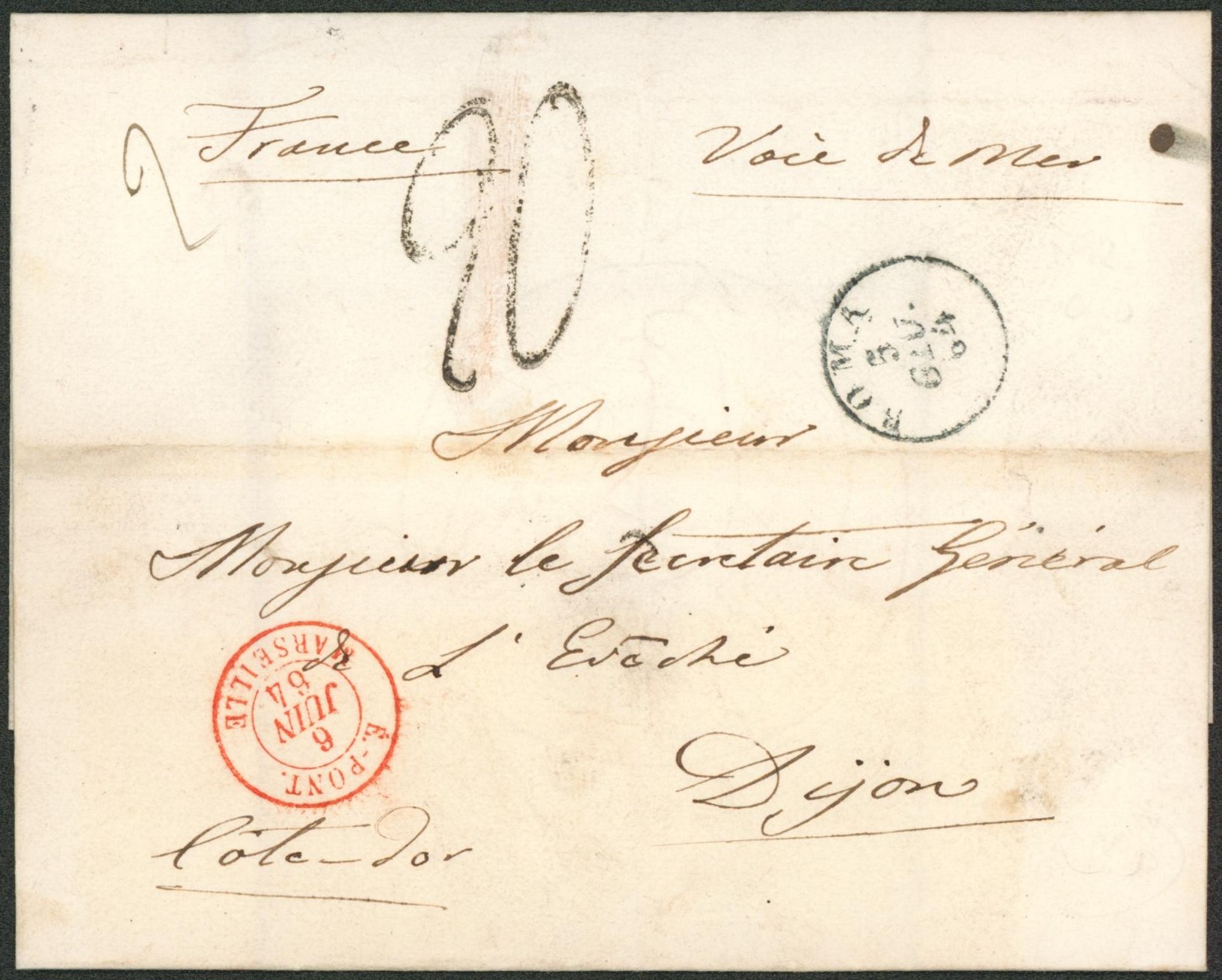 Collection (ligne maritime) - LSC + cachet dateur "Roma" (1864), port "20" > France voie de mer çàd Dijon + cachet de passage rouge "E-Pont / Marseille""