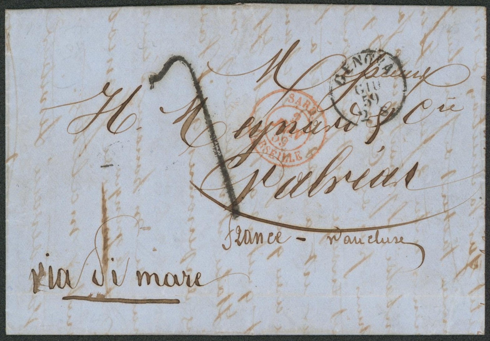 Collection (ligne maritime) - Italie : LAC datée de Gêne + cachet dateur "Genova" par voie de mer (Via di Mare) > Valreas (France) + passage " Sard / Marseille""