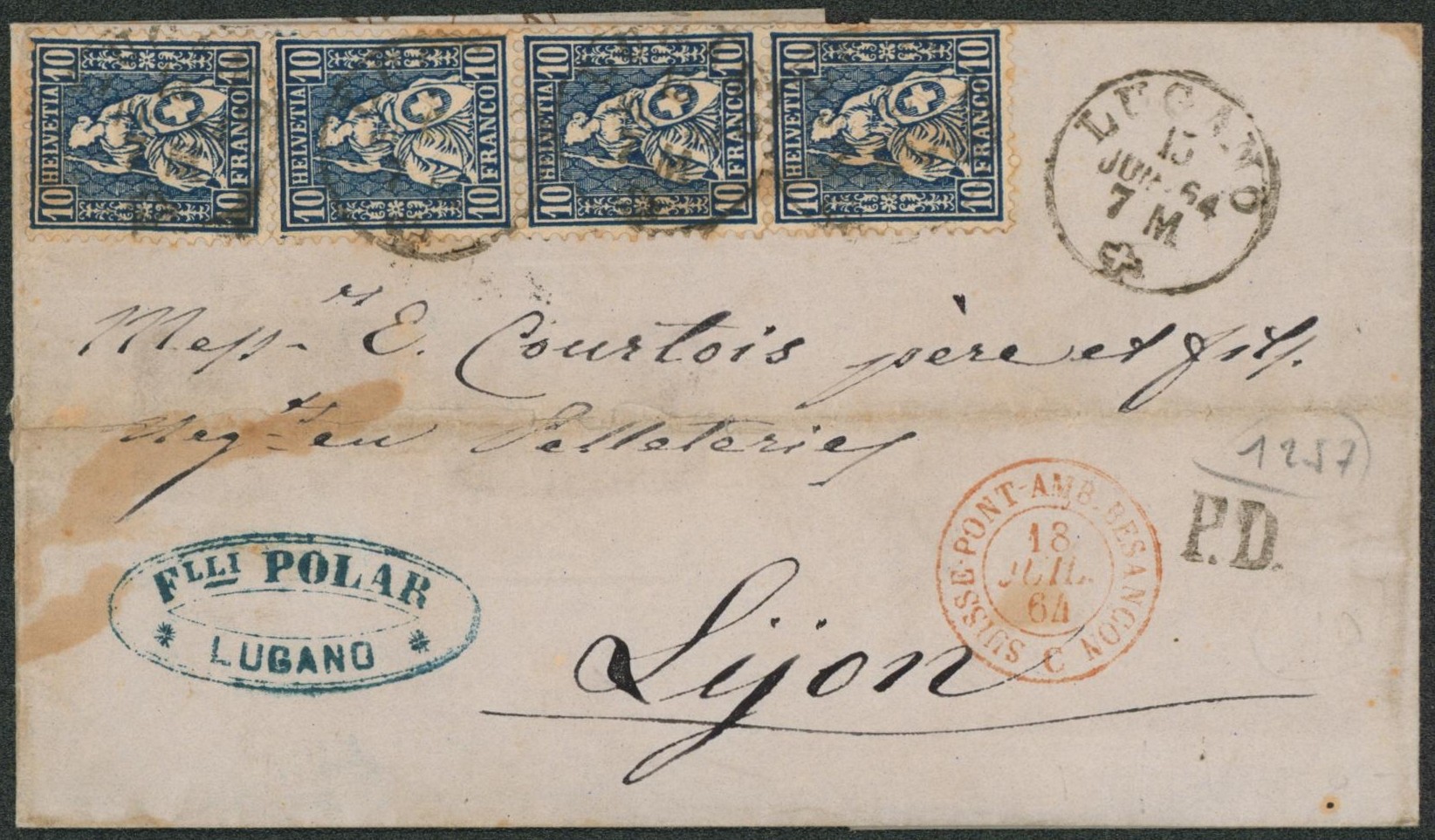 Suisse - Yv n°36 en bande de 4 sur LSC expédié de Lugano + ambulant "Suisse-Pont-Amb. Besançon" > Lijon (Lyon, France) çàd arrivée le 19/07"