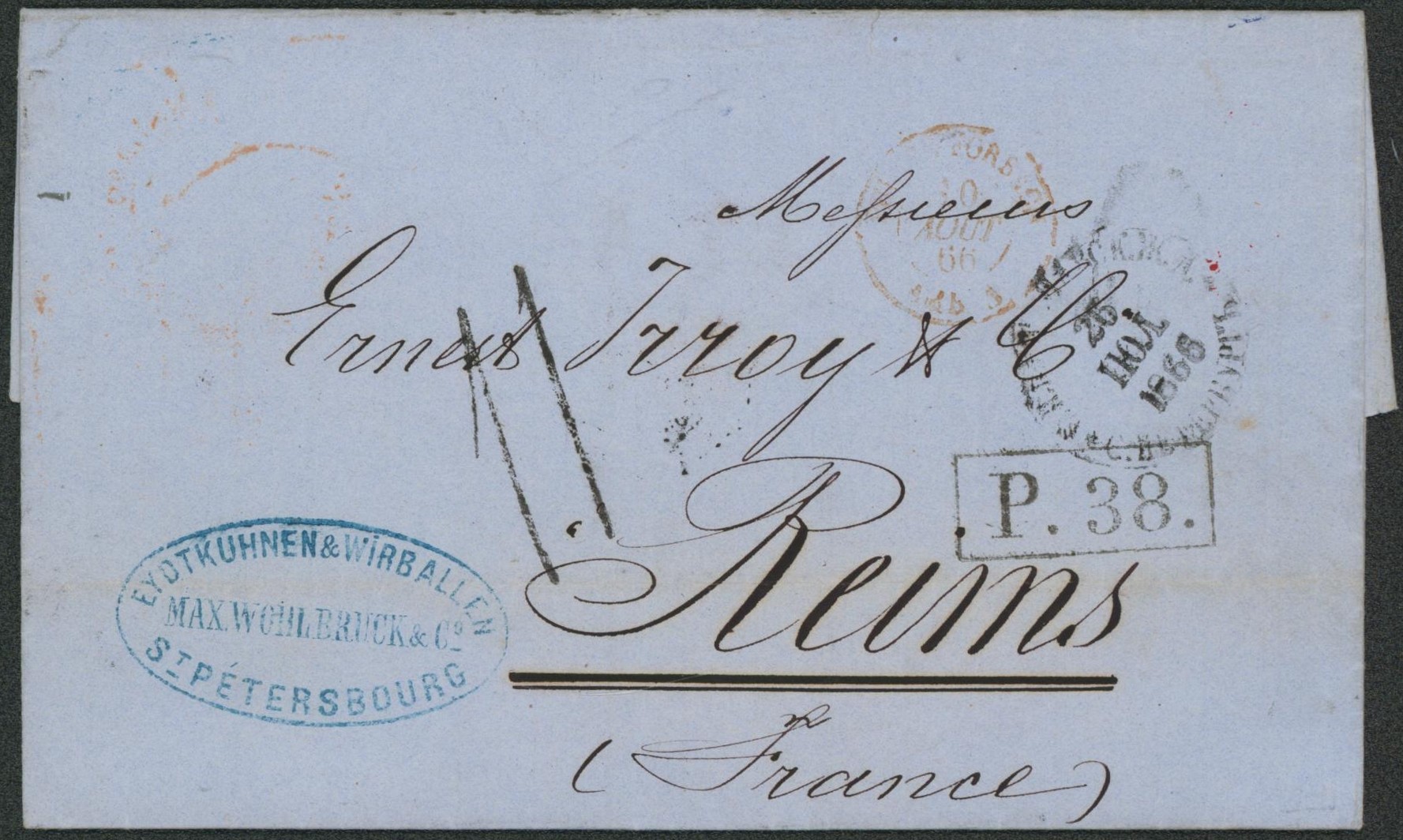 LAC datée de St-Pétersbourg (Russie) + encadré noir "P. 38." > Reims (France) + Passage "Prusse-Forbach / Amb. A" çàd frappe légère. "