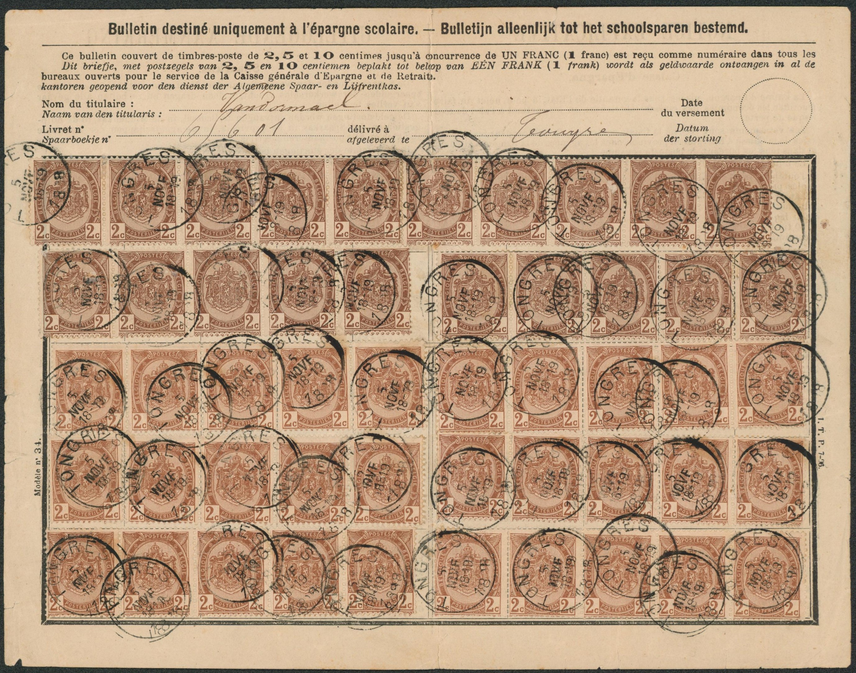n°55 x50 sur bulletin destiné uniquement à l'épargne scolaire (bilingue) obl simple cercle "Tongres". Superbe"