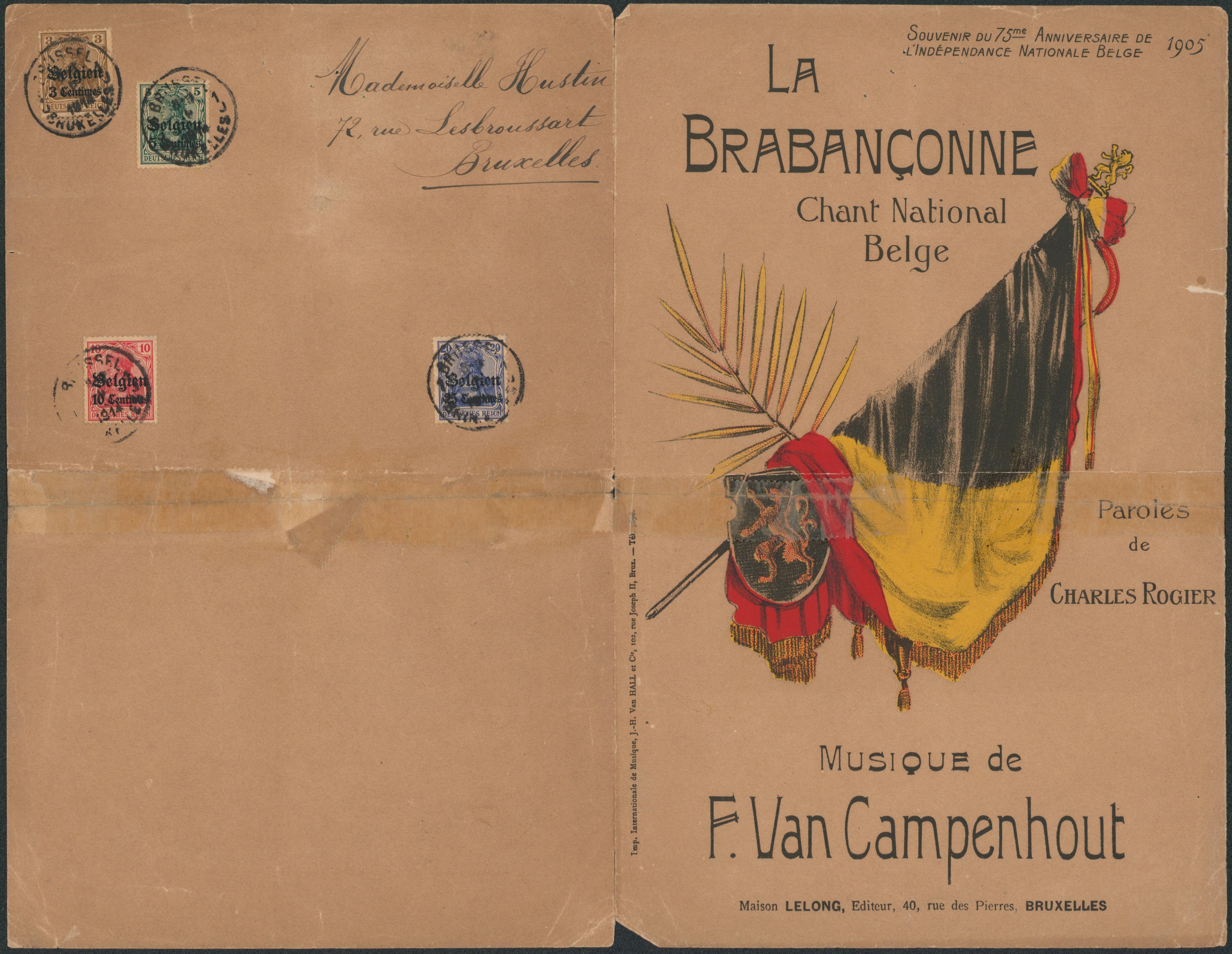 OC1/4 au verso d'un imprimé dépliant "La Brabançonne - chant national belge / Souvenir du 75e anniversaire de l'indépendance 1905" (Musique, paroles) > Bruxelles."