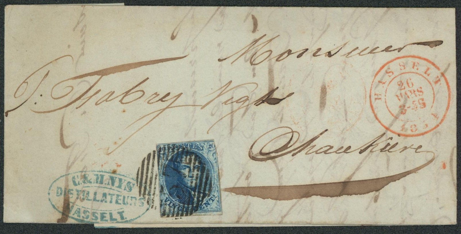 n°7 effleuré sur LAC obl P57 çàd Hasselt + cachet privé (distillateur) > Jemeppe.