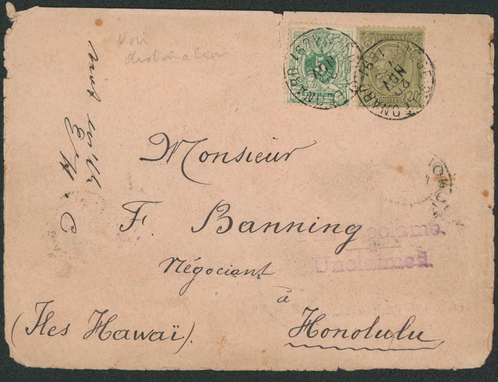 n°45 et 47 sur lettre obl simple cercle Liège-St-Léonard > Honolulu (Iles Hawaï) via San Fransisco / Bonne destination. 