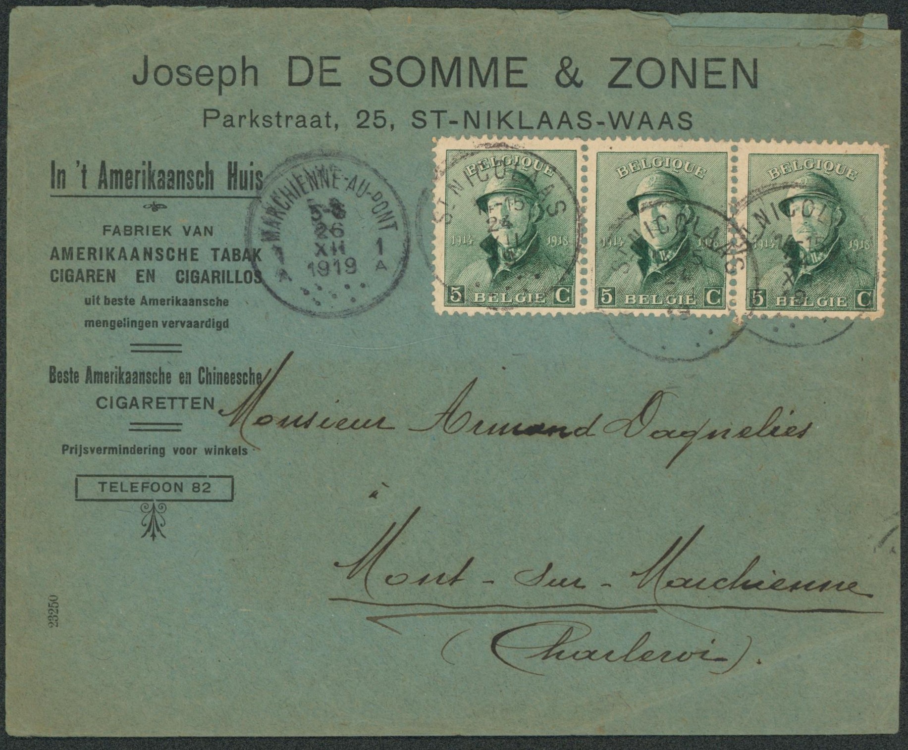Roi Casqué - n°167 en bande de 3 sur lettre à en-tête "Fabriek van amerikaansche tabak, cigaren & cigarillos" (Cigares) de St-Niklaas > Mont-sur-marchienne"