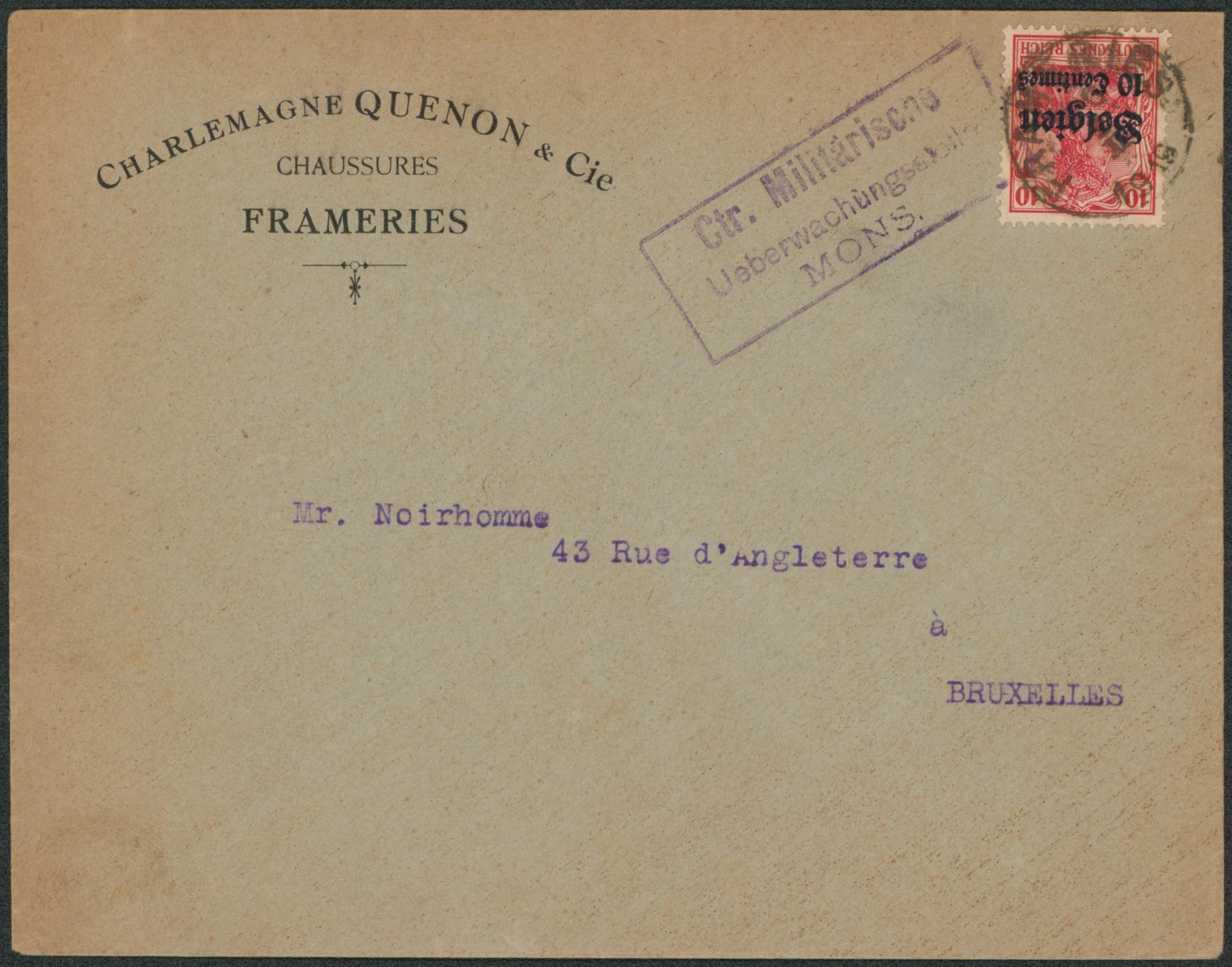 OC2 sur lettre à en-tête (fabrique de chaussures) de Frameries + censure Mons > Bruxelles