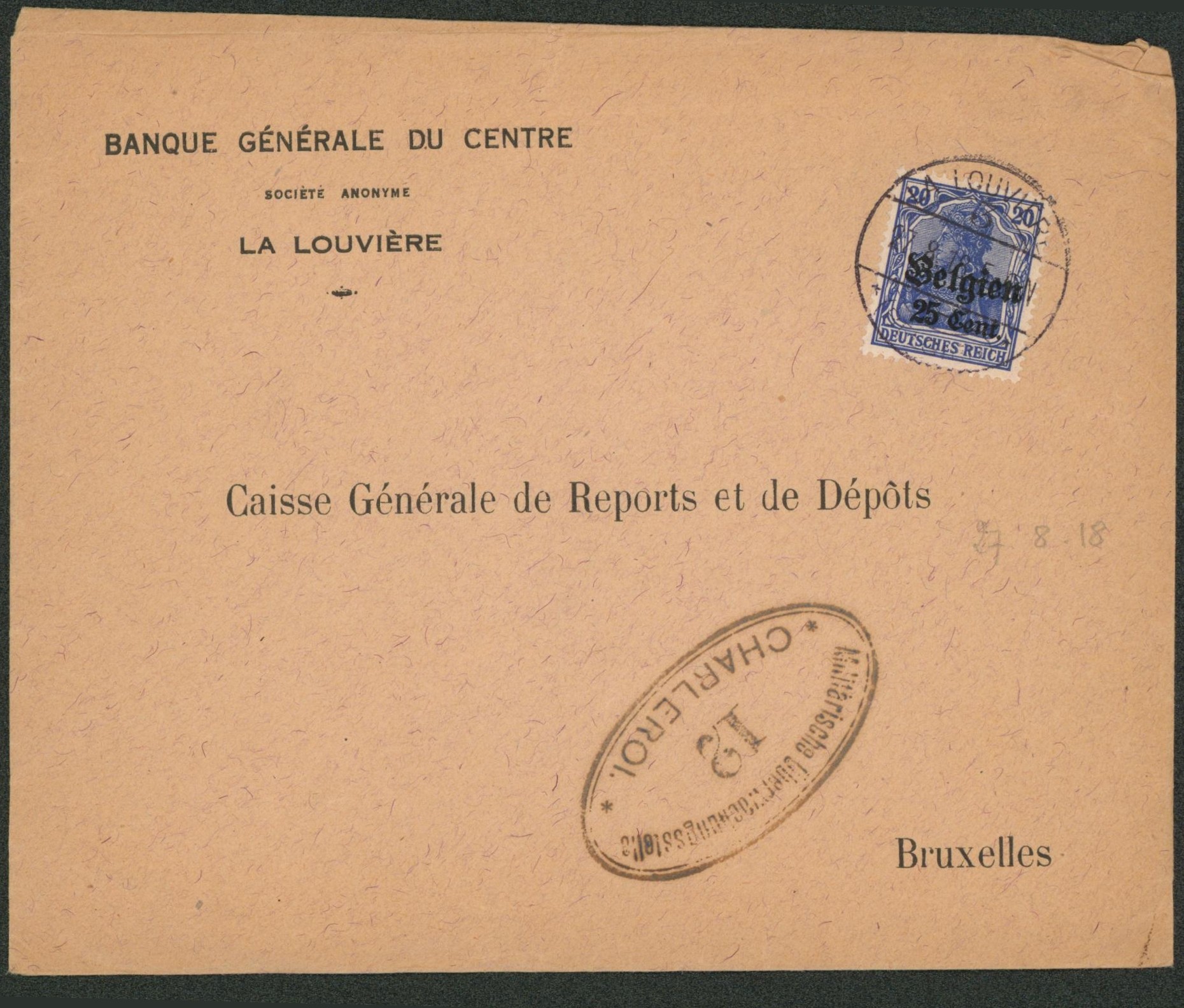 OC18 sur lettre obl à pont "La louvière" + censure de charleroi n°12 > Bruxelles"