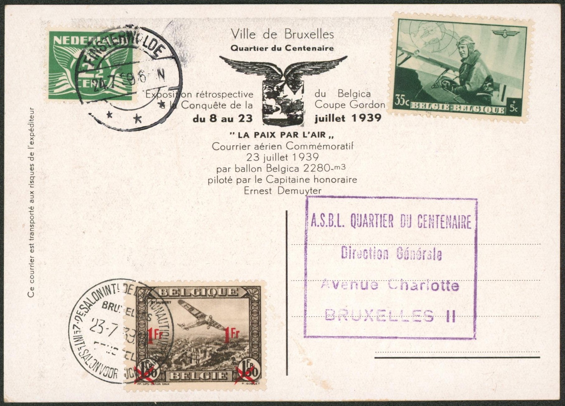 Affranch. Mixte sur carte postale de propagande (Le Belgica, ballon monté) courrier aérien commémoratif