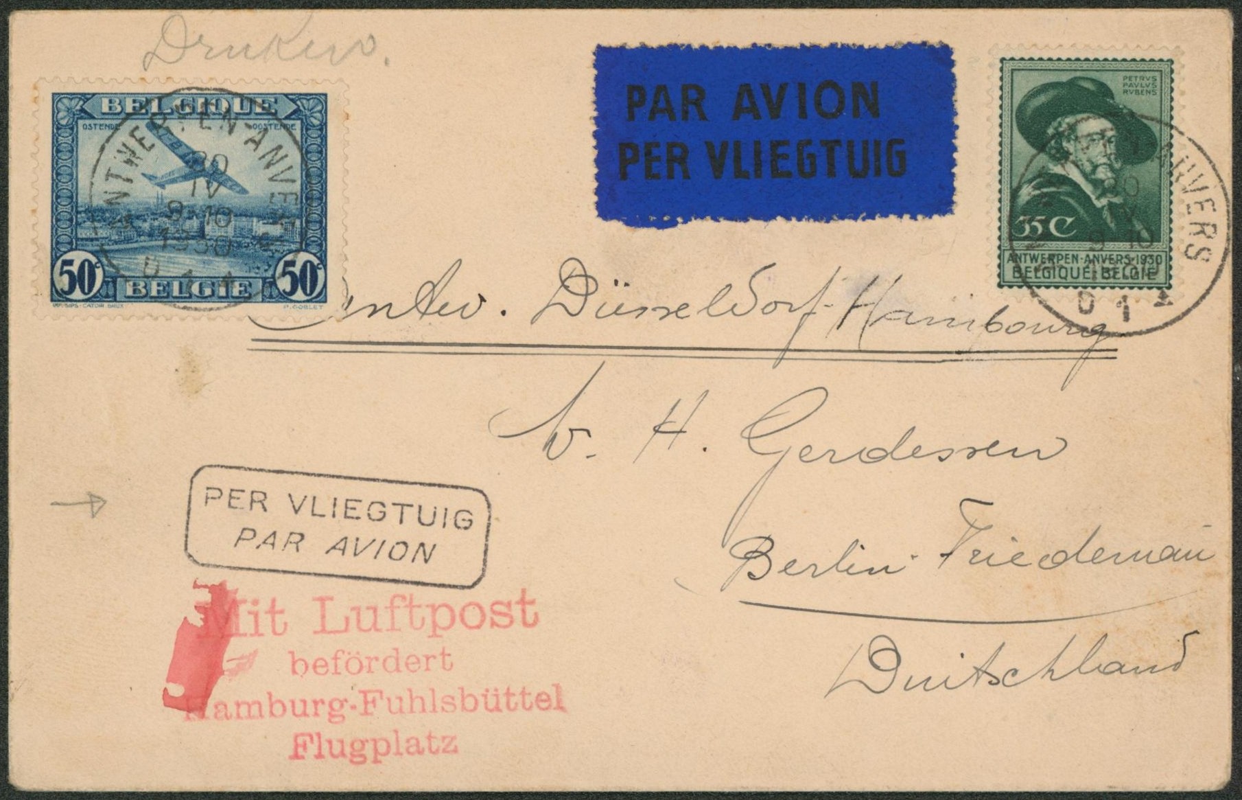 PA1 et n°300 sur lettre par avion çàd étiquette + griffe bilingue de Antwerpen-Anvers > Berlin + griffe rouge Mit Luftpost (4L). 