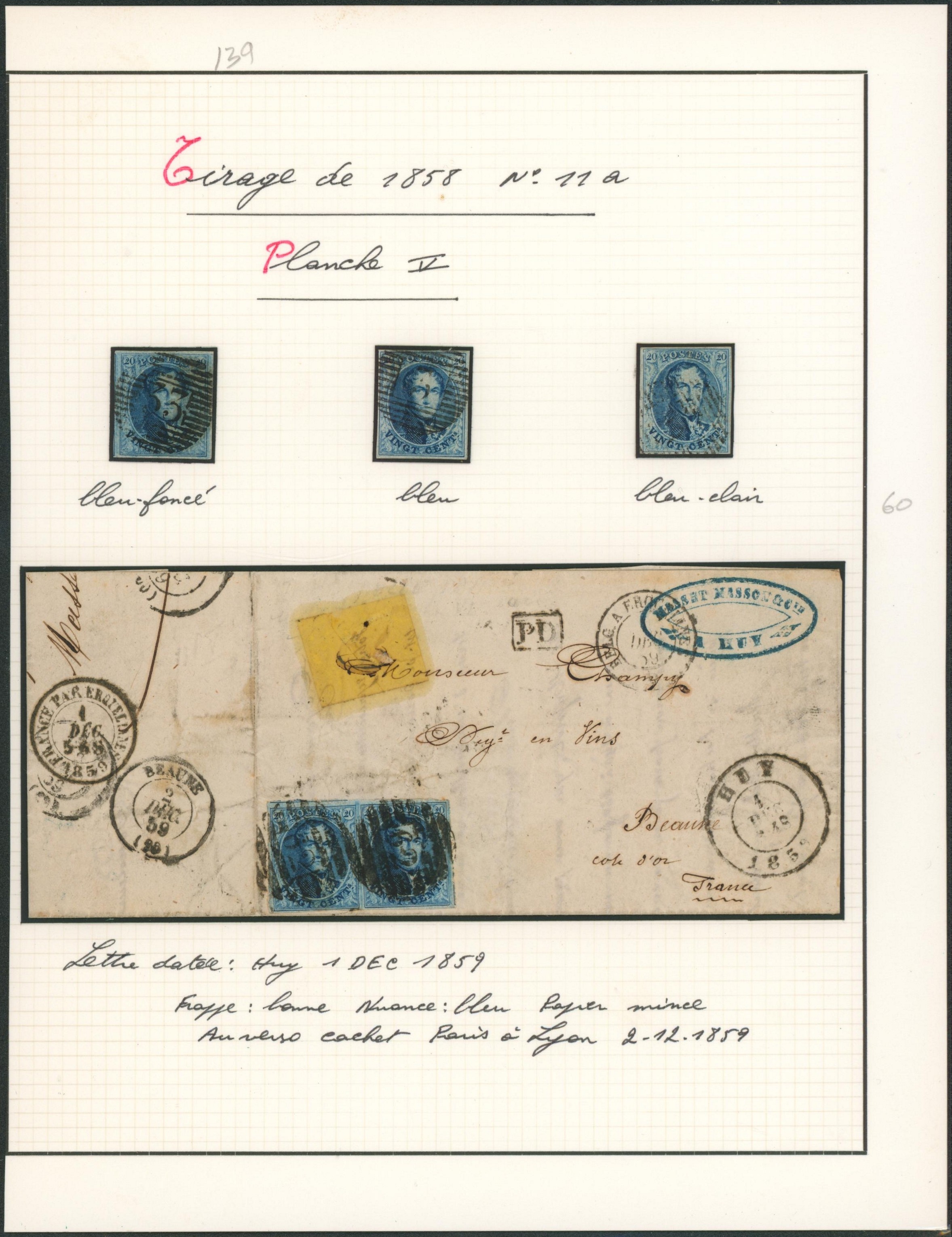 Page de collection - n°11A planche V çàd 3 timbres margés (nuance) et une lettre (Huy). 