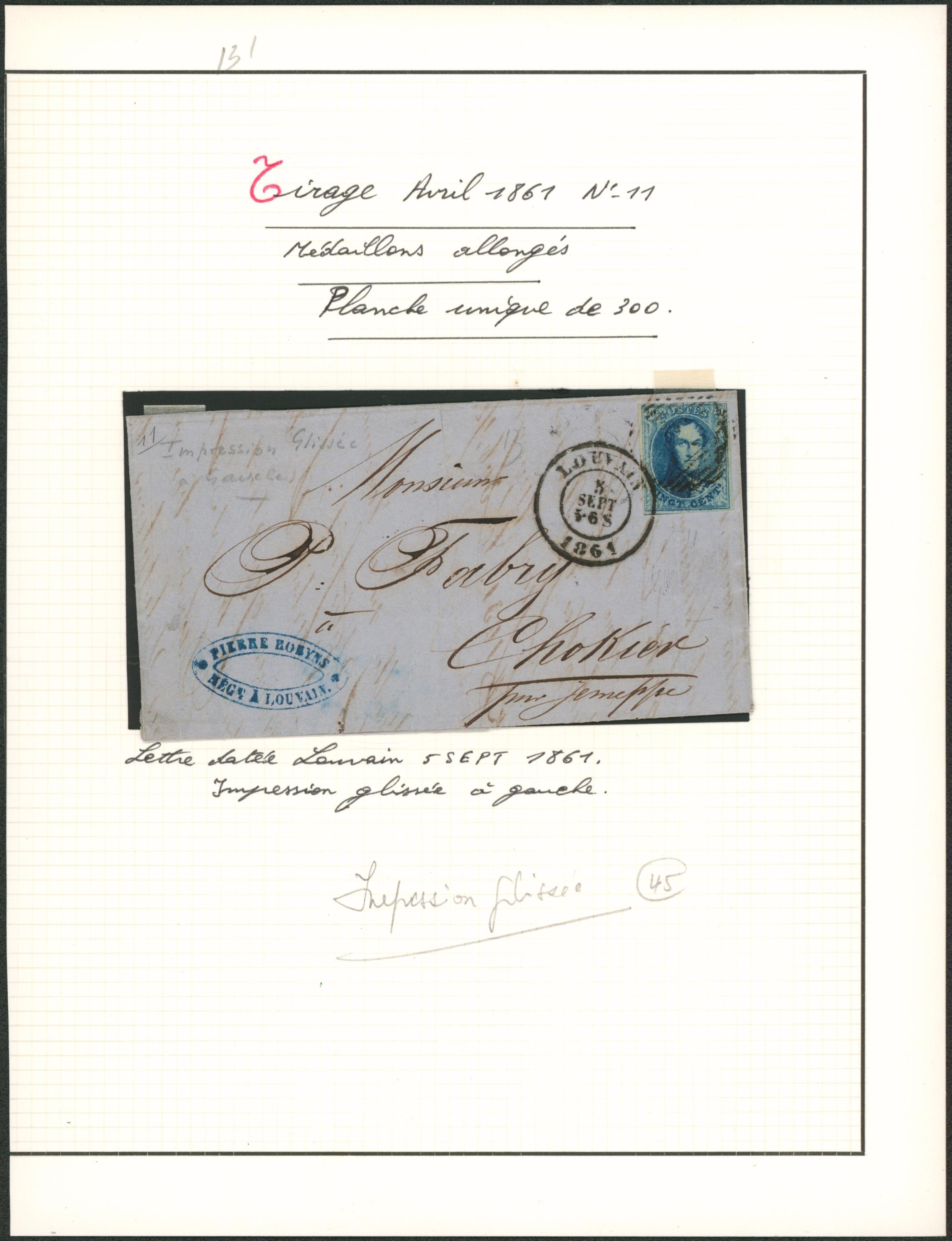 Page de collection - n°11 planche unique çàd une lettre de Louvain (impression glissée à gauche) + cachet privé > Chokier