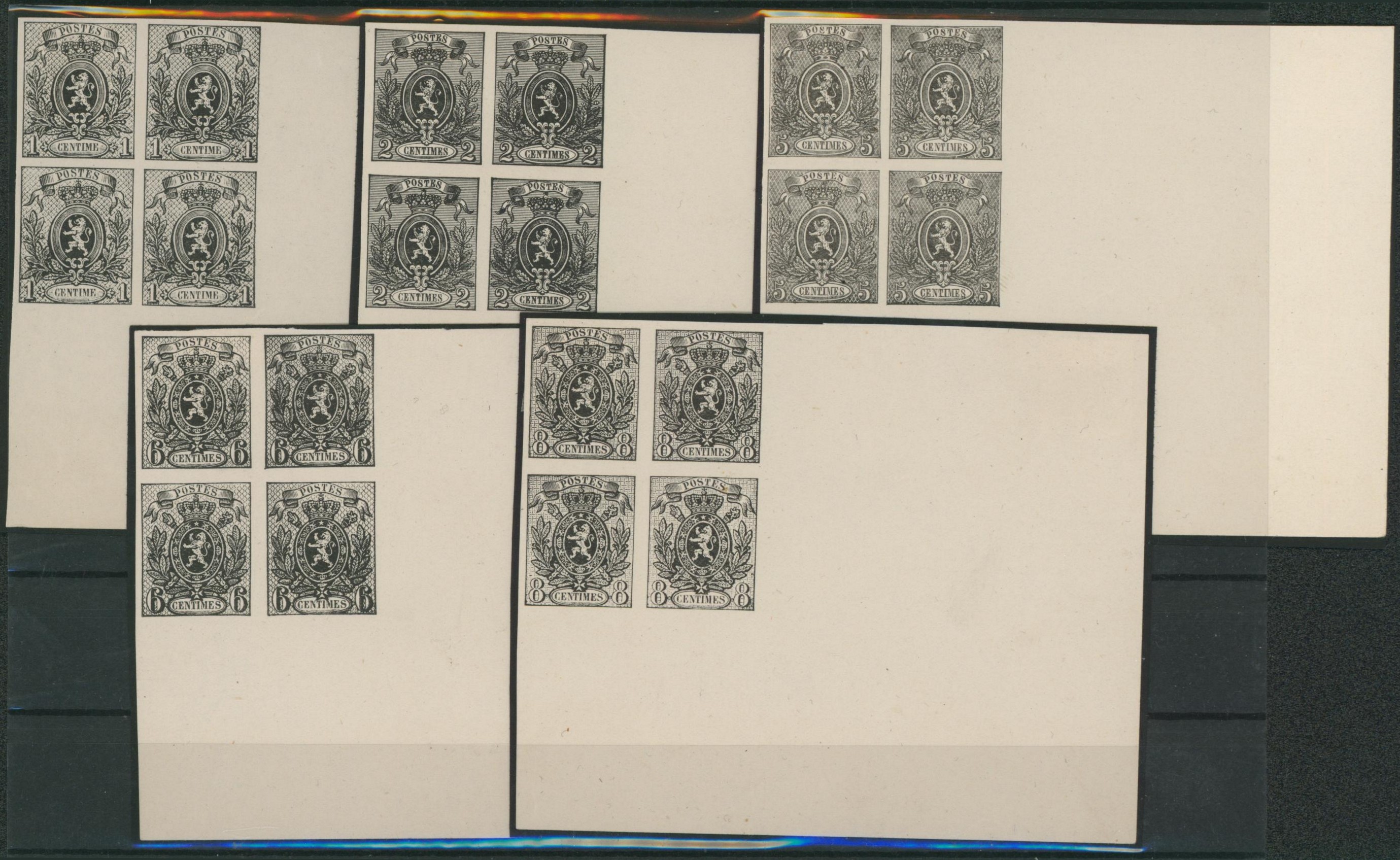 Petit lion - réimpression du panneau de 50 timbres sur papier blanc (feuillets ministériels) çàd série complète 1, 2 et 5ctm + valeurs non émises 6 et 8 ctm en noir intense (Bloc de 4 !). Superbe ensemble !! 