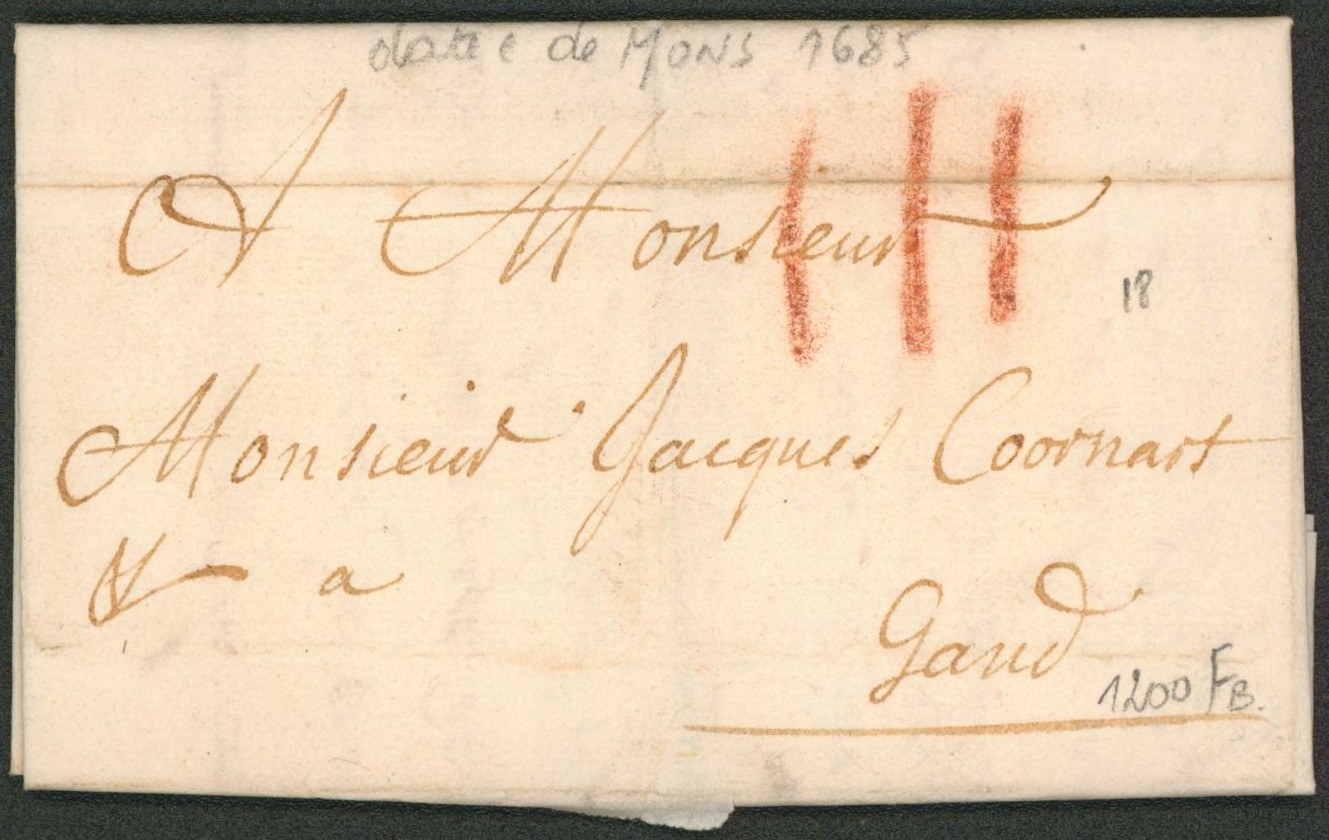 LAC datée de Mons (1685) + port à la craie rouge III (patars) > Gand, Gent. 