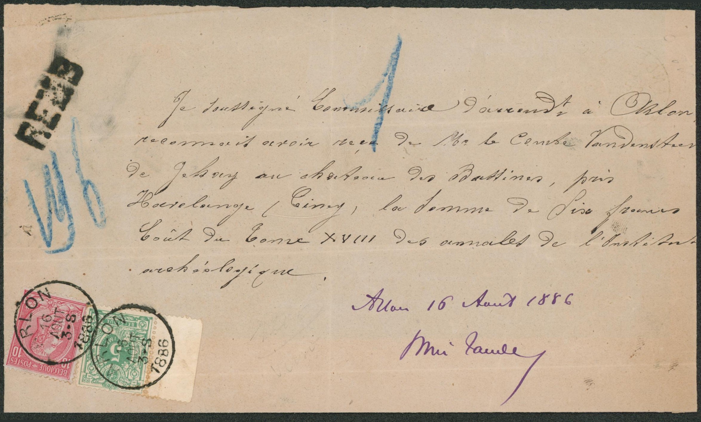 n°45 et 46 sur reçu manuscrit fait à Arlon le 16/08/1886 + griffe linéaire noir REMB (remboursement). 