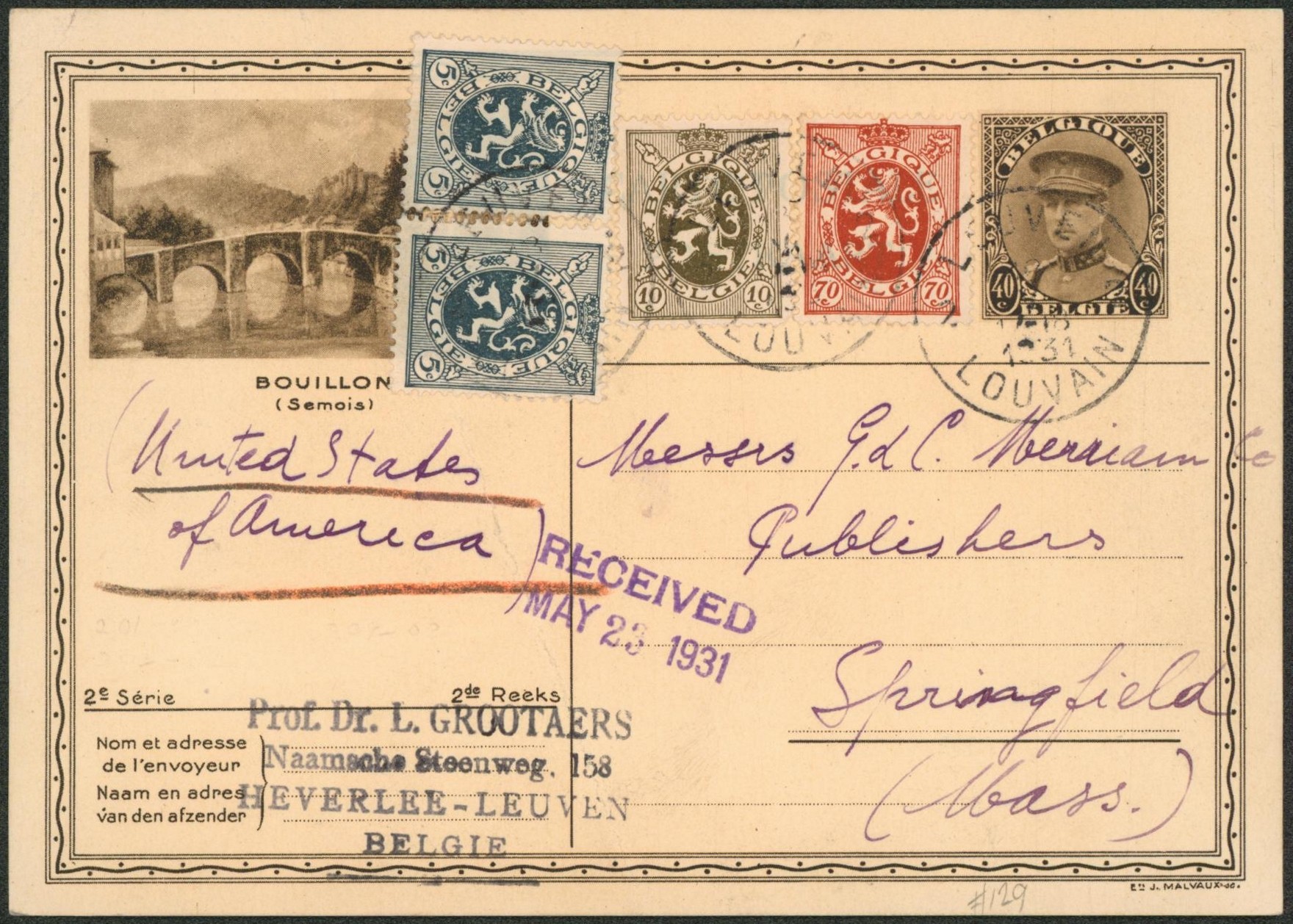 EP au type carte illustrée 40ctm brun képi (2e série) + Affranch. Complémentaire soit 90ctm de Louvain / Leuven > Springfield (USA). 