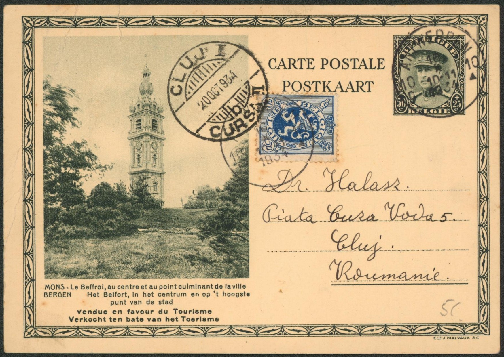 EP au type carte illustrée 50ctm vert Képi (tourisme) + n°285 de Antwerpen 10 > Cluji (Roumanie)