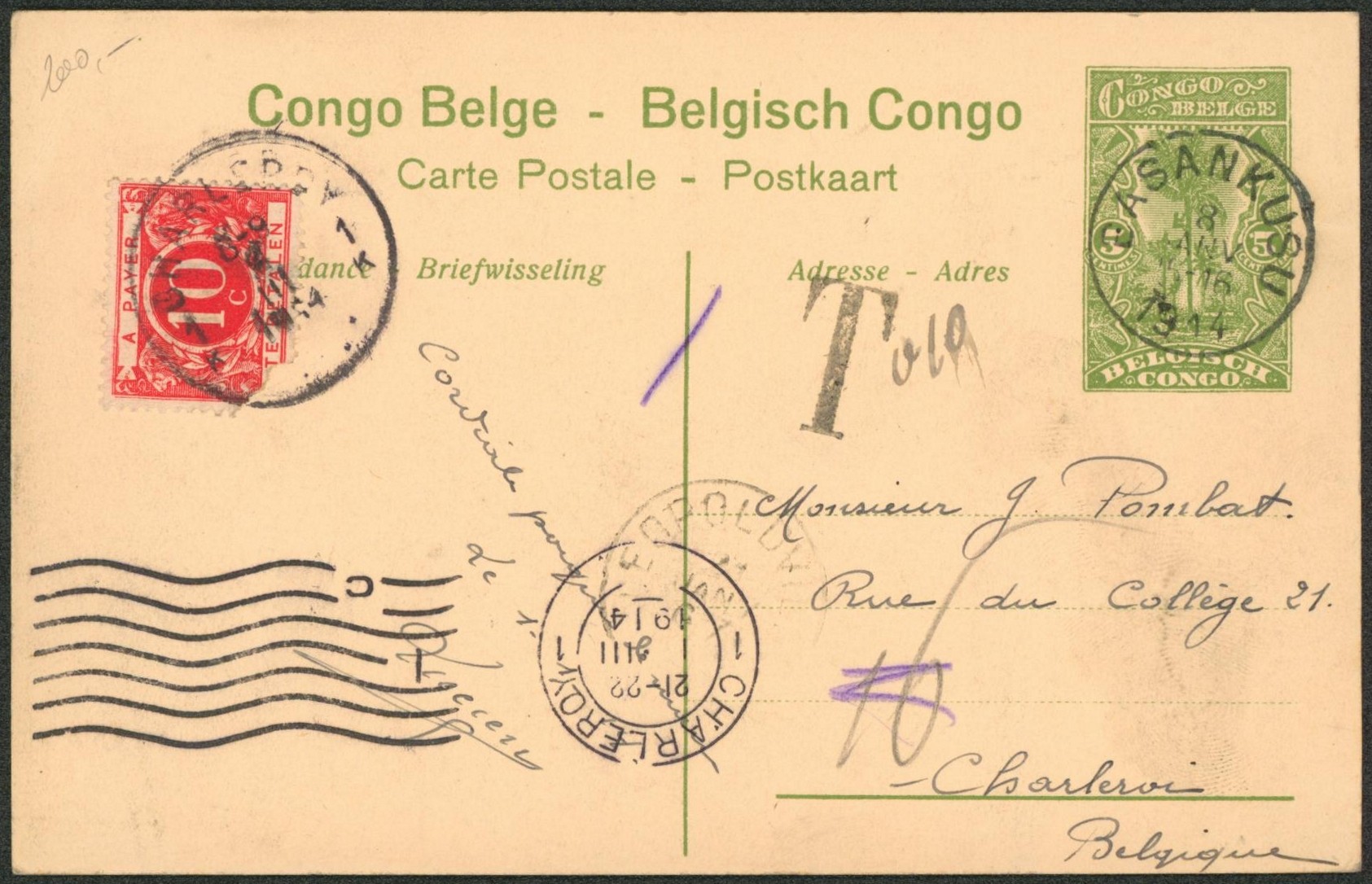 Congo Belge - EP au type 5ctm vert palmier (vue n°31) expédié de Basankusu > Charleroi taxé à 10ctm. Superbe