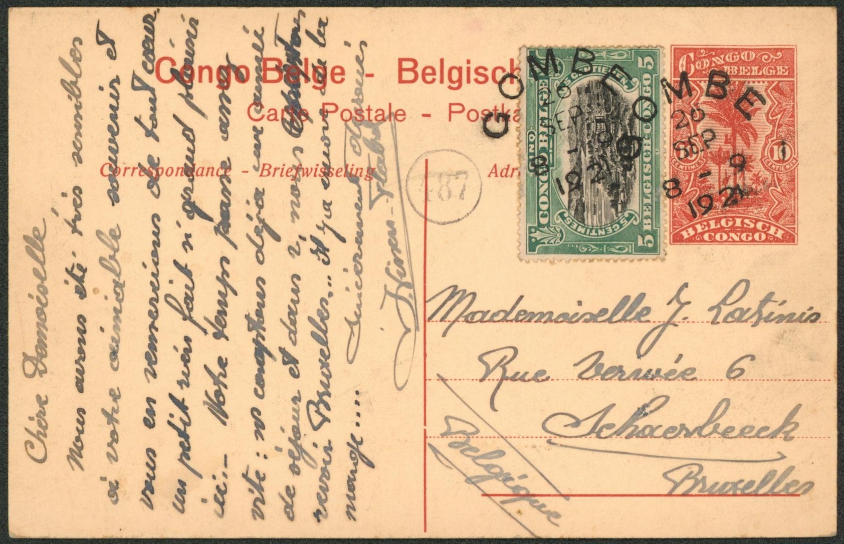 Congo Belge - EP au type 10ctm rouge palmier (vue n°54) + n°64 obl sans cercle GOMBE > Schaerbeek. Superbe frappe ! 