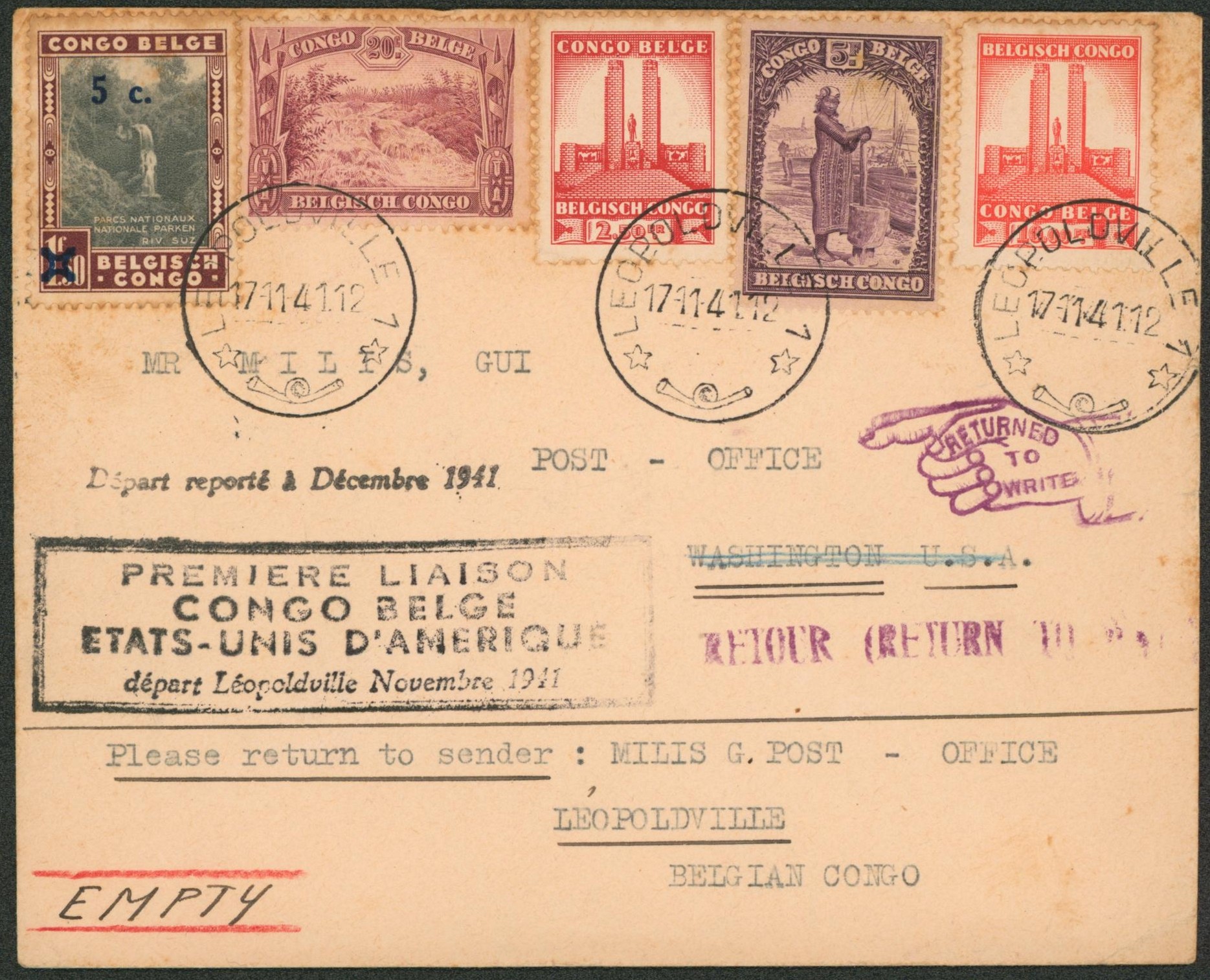 Congo Belge - Bel affranchissement sur lettre par avion de Léopoldville > Washington (USA), départ reporté à décembre 1941. Non réclamé, retour à l'expéditeur. 