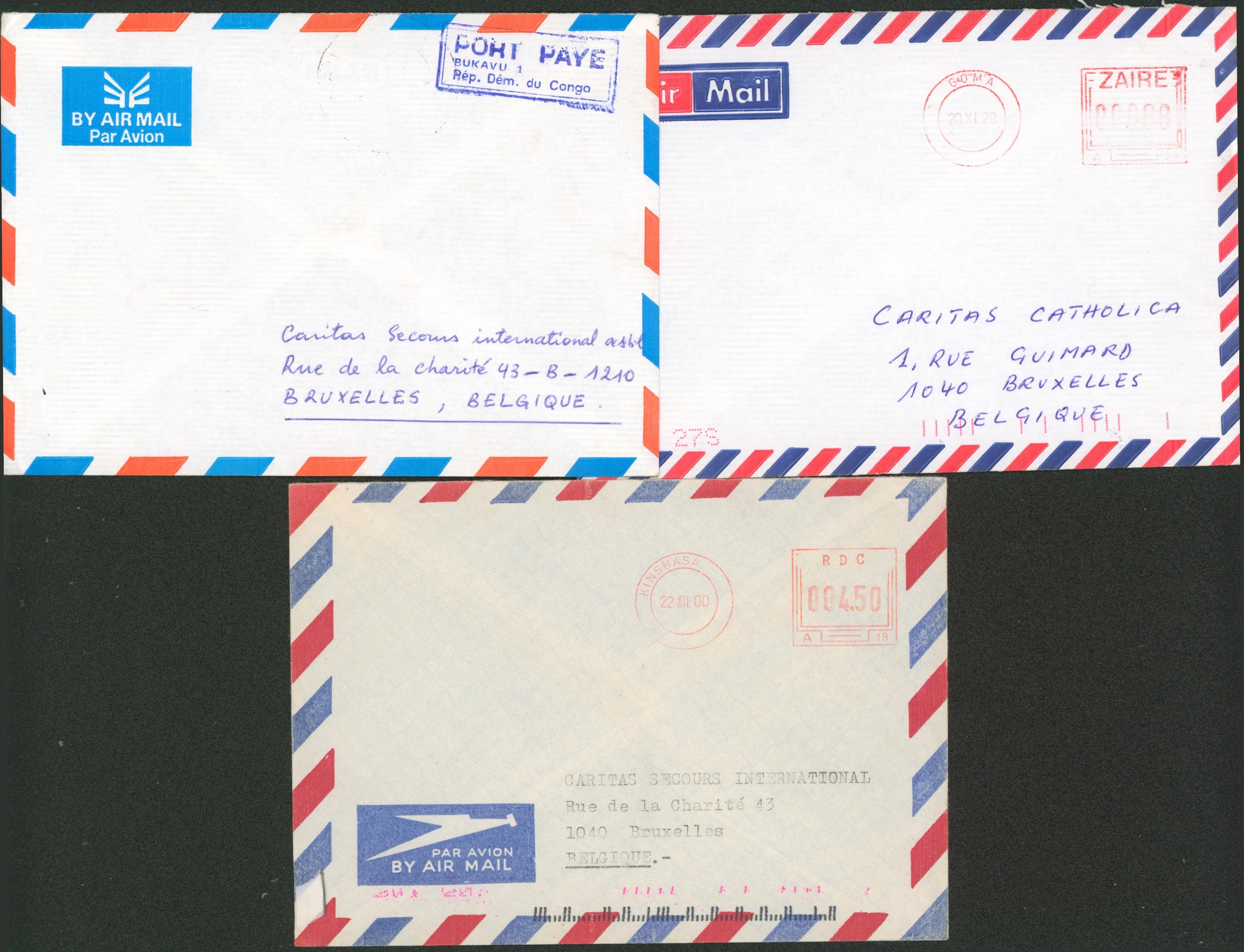 Ensemble de 3 lettres (RDC, Zaïre, Rwanda) + affranchissement mécanique dont Port payé Bukavu 1 Rép. Dém. Du Congo  > Bruxelles