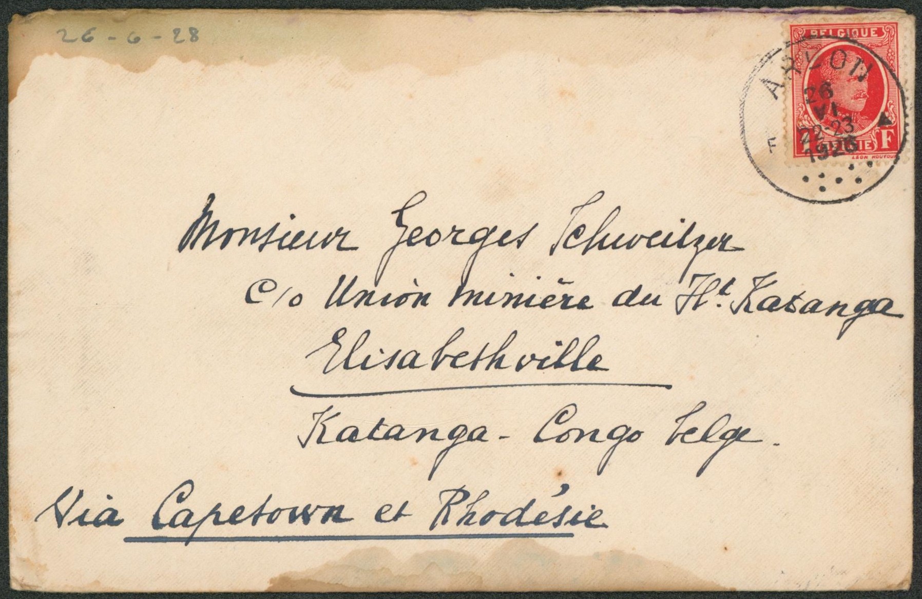 Houyoux - n°256 sur lettre expédié de Arlon > Elisabethville (Congo Belge), union minière du Haut Katanga via Capetown & Rhodésie