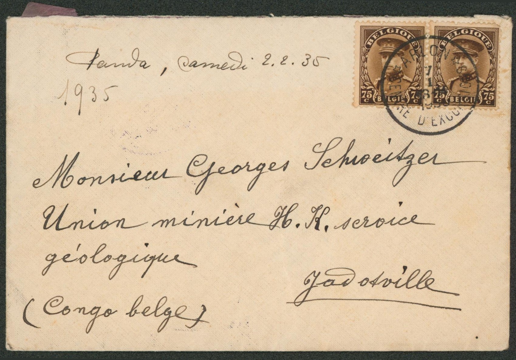 Képi - n°341 x2 sur lettre obl touristique "Arlon" > Jadotville (Congo Belge). "