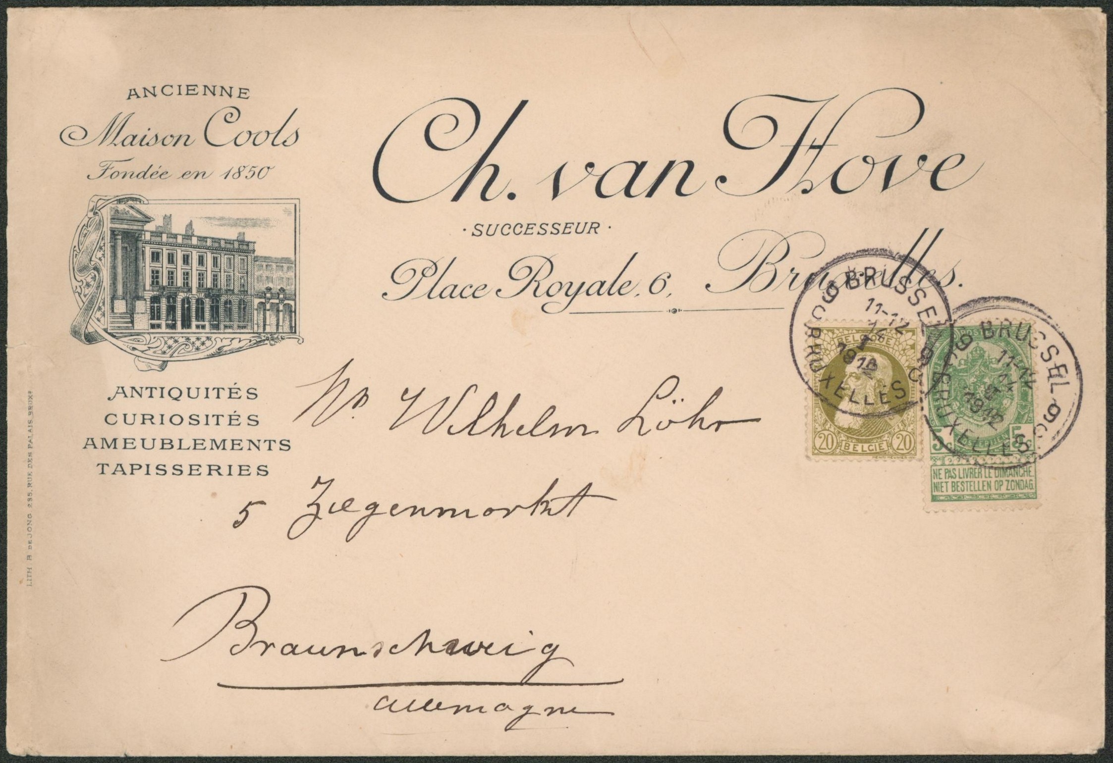 n°56 et 75 sur lettre illustrée (ancienne maison Cools, antiquités) expédié de Bruxelles > Brunswick (Allemagne)  
