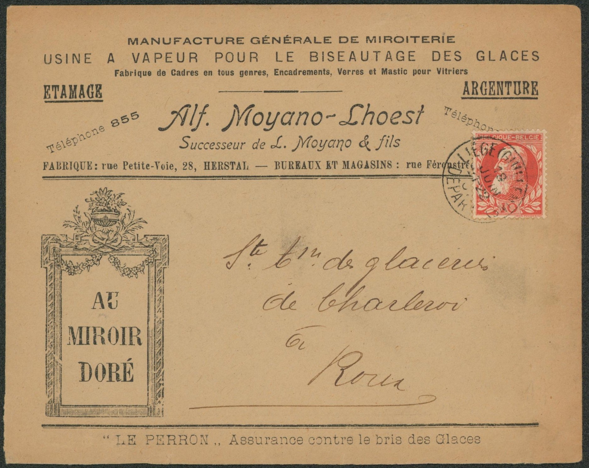 n°74 sur lettre décorée "Au mirroir doré, manufacture général de miroiterie" expédié de Liège (guillemins) > Roux"