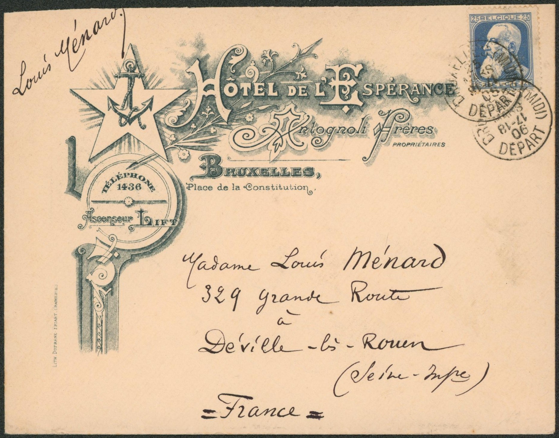 n°76 sur lettre à en-tête (Hotel de l'espérance) expédié de Bruxelles (midi) > Déville-lez-rouen