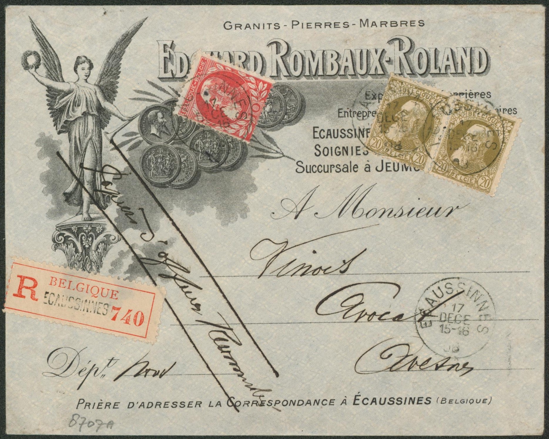 n°74 et 75 x2 sur lettre illustrée (granits, pierre, marbres) en recommandé de Ecausinnes > Avesnes