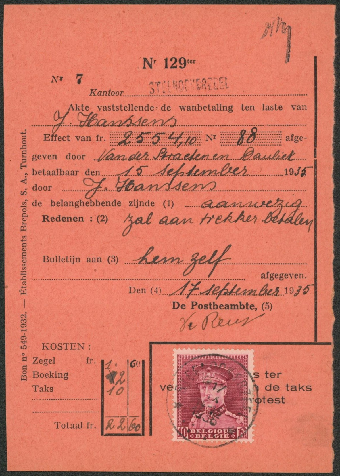 Képi - n°324 sur protet (n°129Ter) + griffe du bureau et oblitération STEENOCKERZEEL