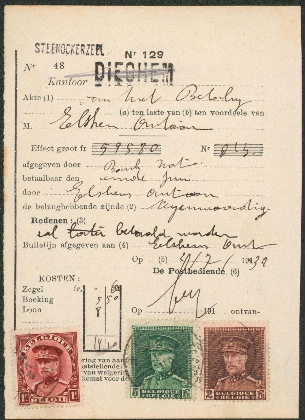 Képi - Affranch. Tricolore sur protet (n°129) griffe du bureau DIEGHEM annulé et remplacé par STEENOCKERZEEL + oblitération. 