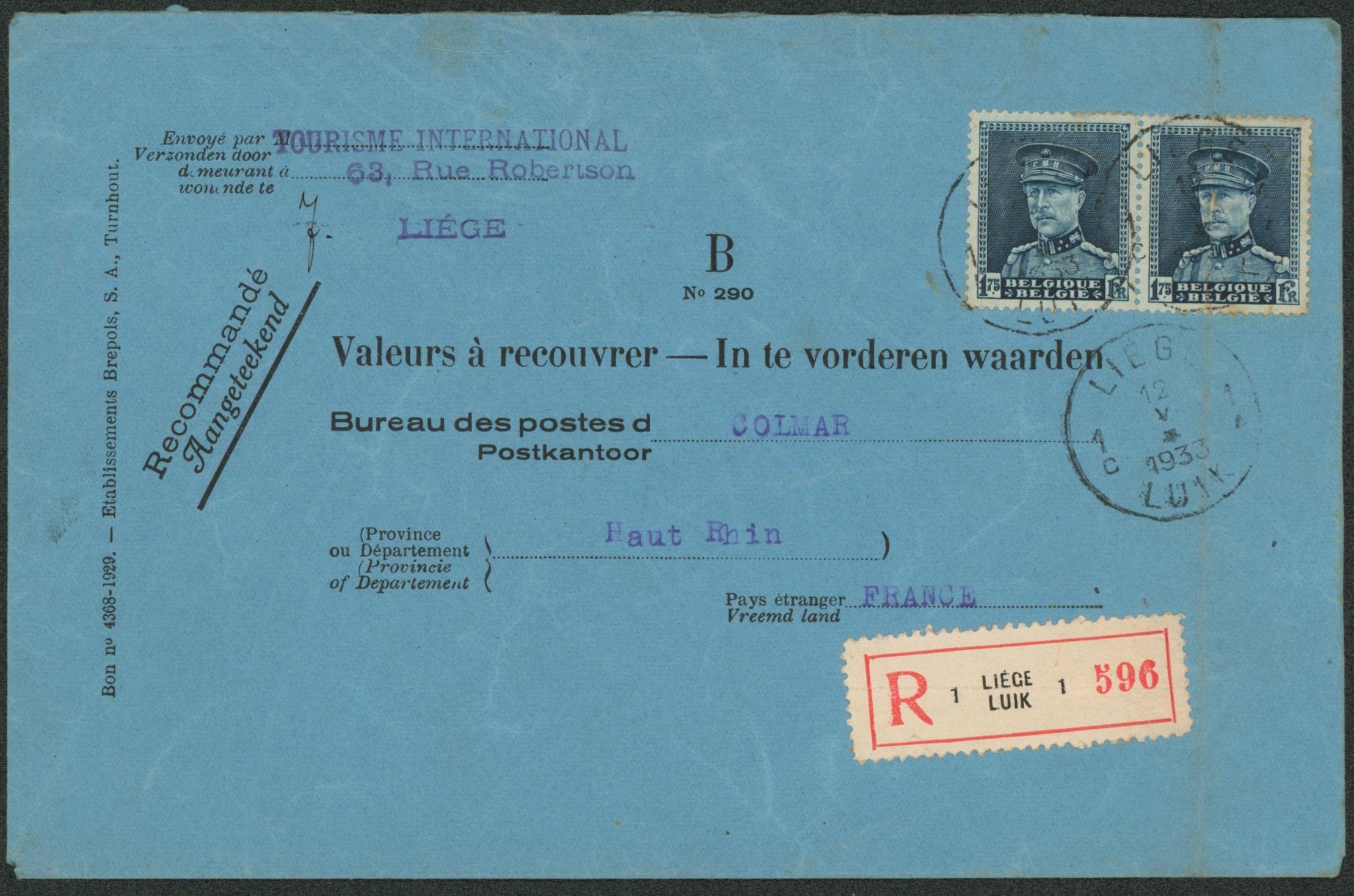 Képi - n°320 en paire sur lettre valeurs à recouvrer (n°290 B) en recommandé de Liège > Colmar (France). Superbe 