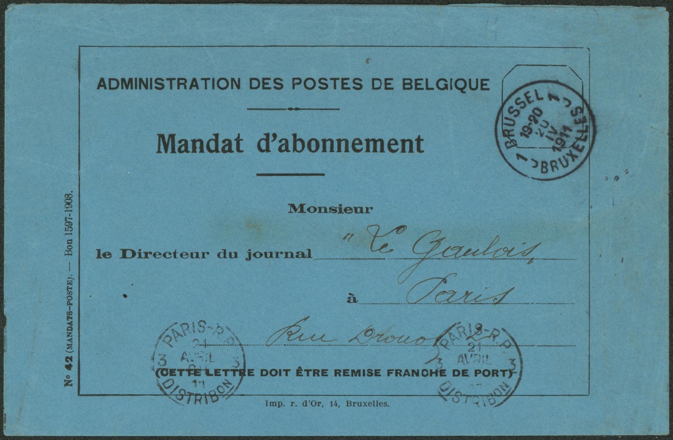 Administration des postes de Belgique - Mandat d'abonnement expédié en franchise de Bruxelles > Paris