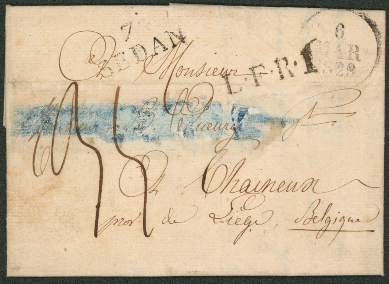 France - LAC de Sedan çàd cachet dateur 6/3/29 + obl linéaire noir 7 / SEDAN, port 35ctm et marque de rayon L.F.R.1 > Chaineux + Marque de passage "Frankrijk over Dinant". Nom du destinataire biffé à la craie bleu + marque DEBOURSE / LUYK. Signature de l'