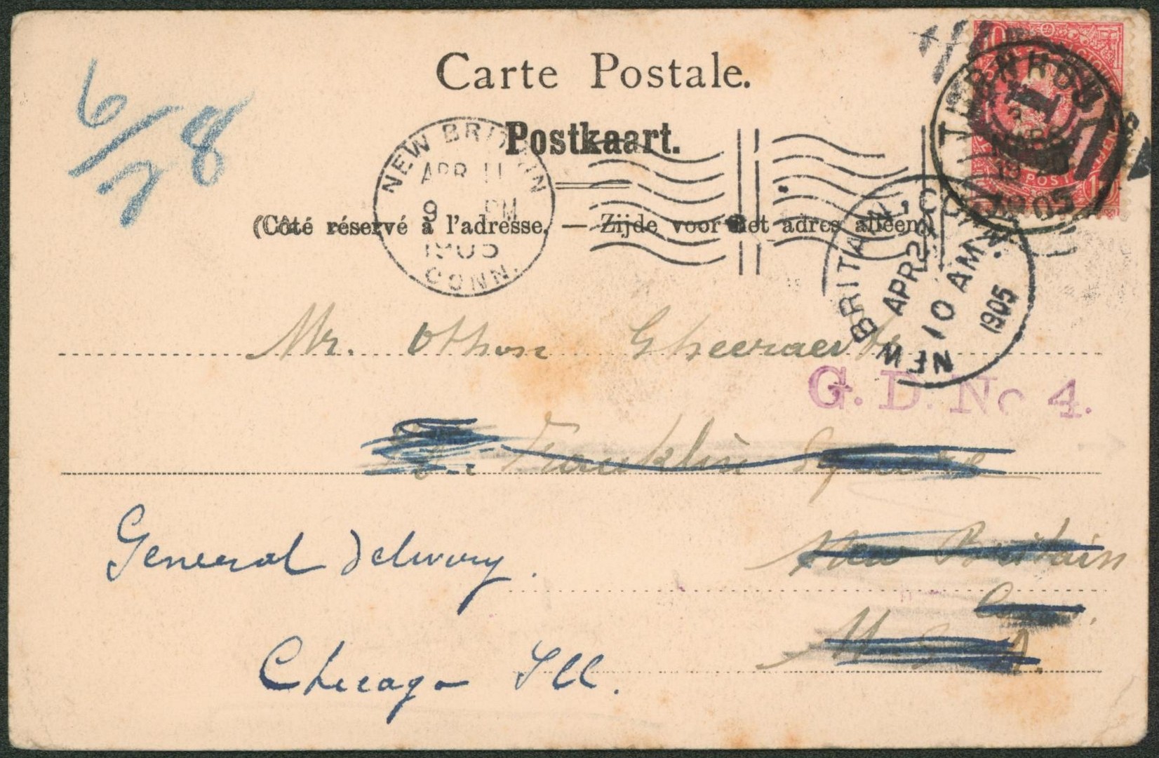 n°58 sur CP vue expédié de Turnhout > New Britain-Conn. (USA) çàd arrivée cachet type flamme columbia, redirigé + mention manuscrite General delivery Chicago Ill. + griffe violette G.D.N°4