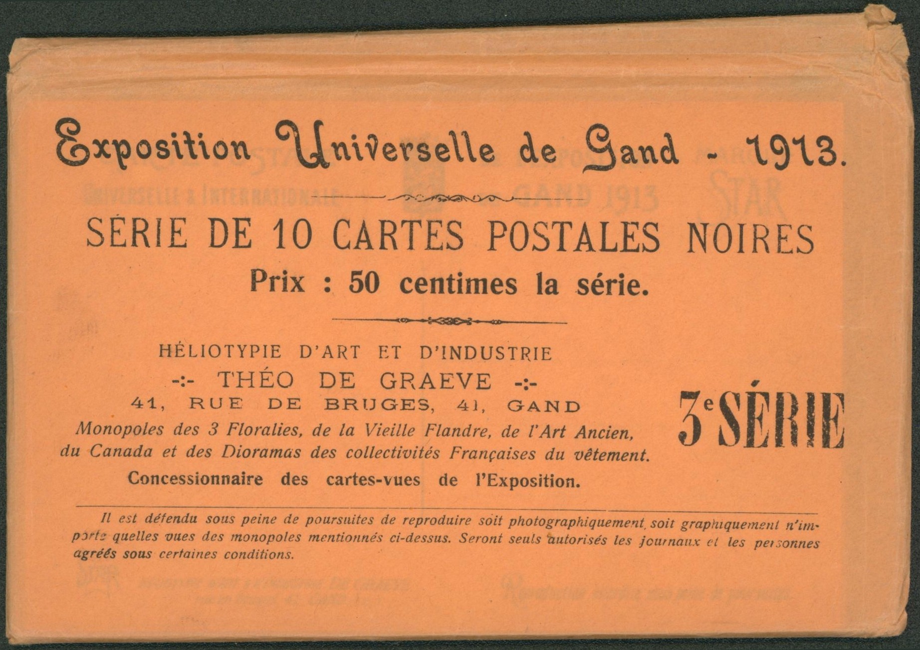 Exposition universelle de Gand 1913 - série de 10 cartes postales noires (neuve) dans sa pochette d'origine (3e série) en parfait état.