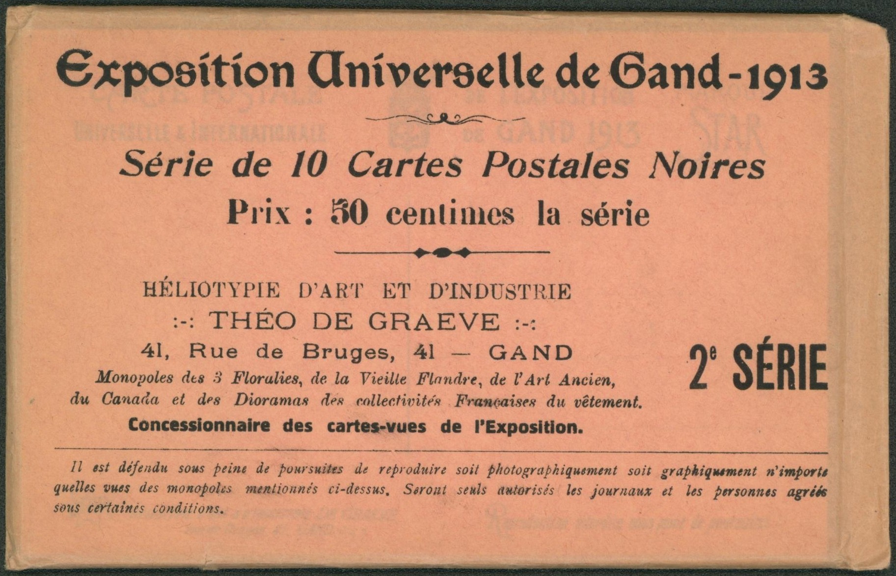 Exposition universelle de Gand 1913 - série de 10 cartes postales noires (neuve) dans sa pochette d'origine (2e série) en parfait état.