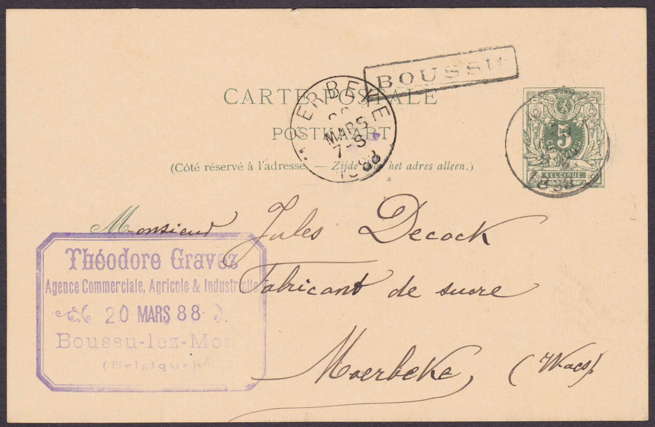 EP 5c obl Midi II du 20/3/88 + griffe encadrée Boussu vers Moerbeke. Texte au verso.