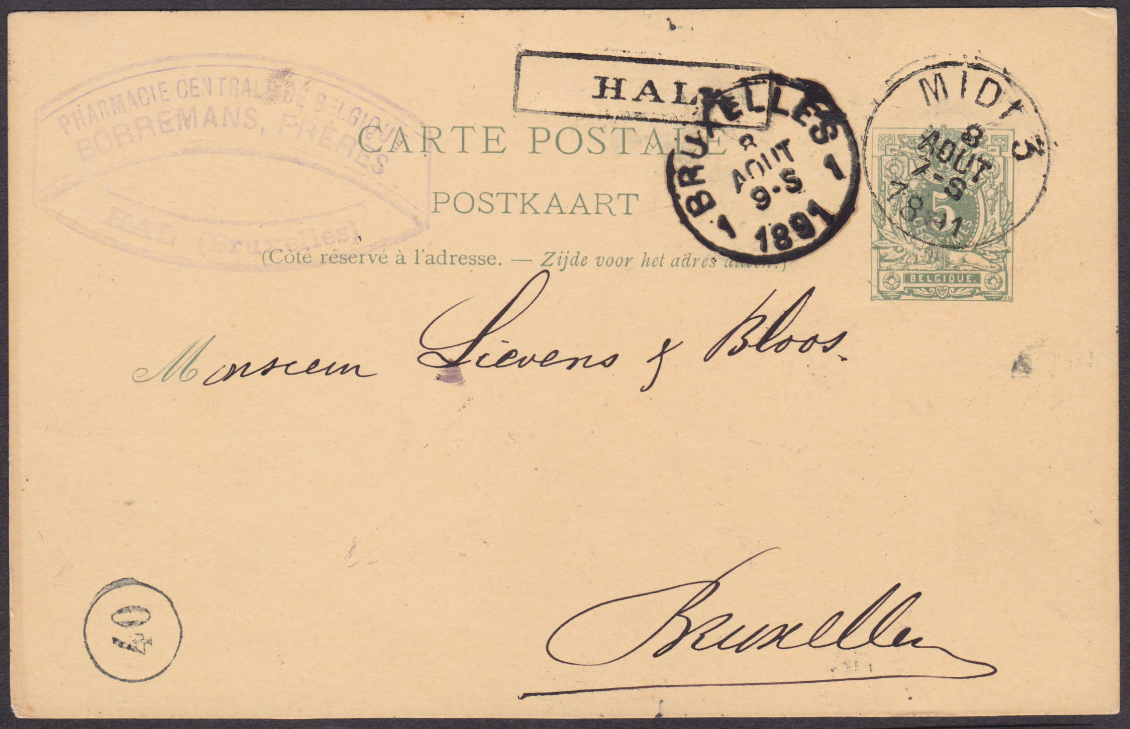 EP 5c obl Midi 3 du 8/8/1891 + griffe encadrée Hal vers BXL. Texte au verso.