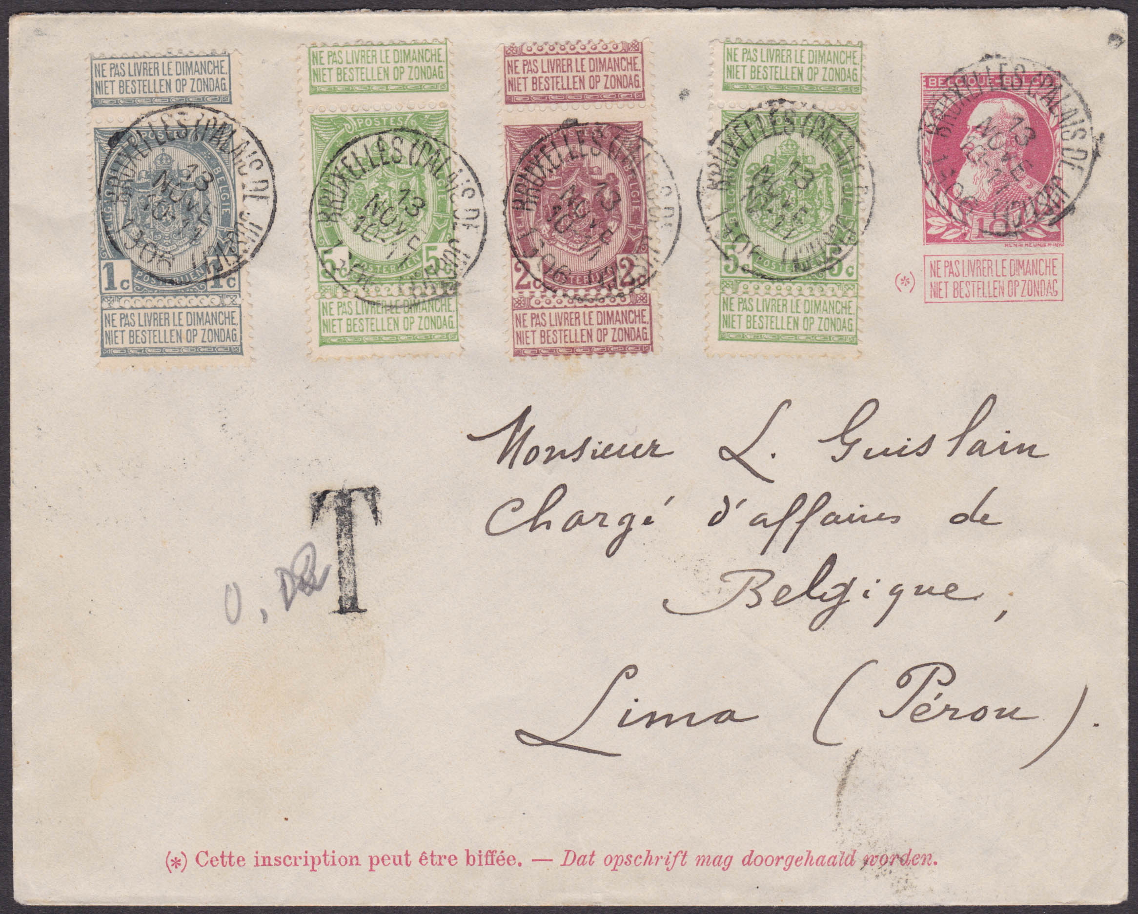 Env lettre grosse barbe 10c + 53-55-56x2 obl BXL(Palais de Justice) 13/11/1906 vers Lima, Pérou + T "0,02". Bonne destination."