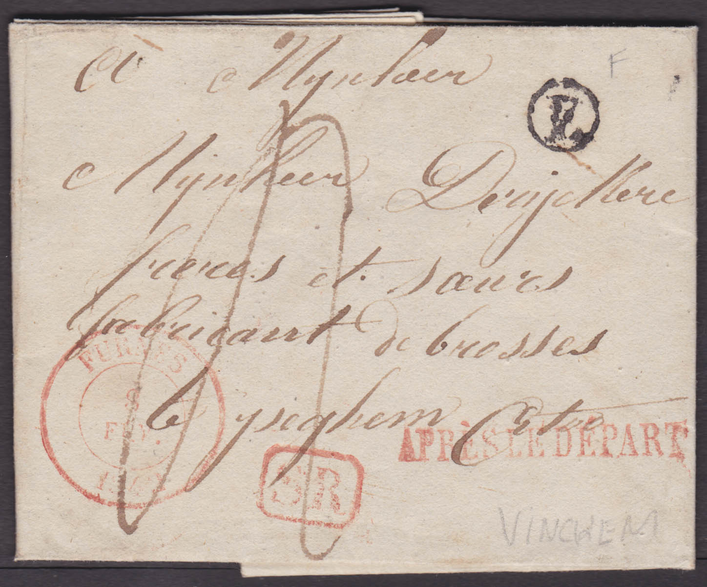 LAC datée de Wulveringhem 7/2/1842, càd Furnes 8/2, SR et "Après le départ" vers Iseghem. Boite F de Vinckem.  Càd transit Courtrai et T 18 Iseghem au verso."