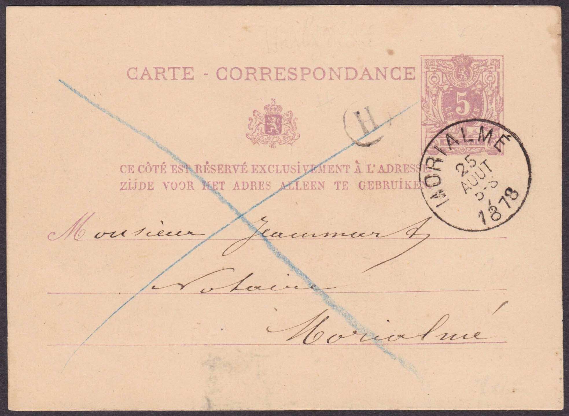 EP 5c obl Morialmé le 25/8/1878, boite H de Hanzinne, vers la ville. Texte au verso.
