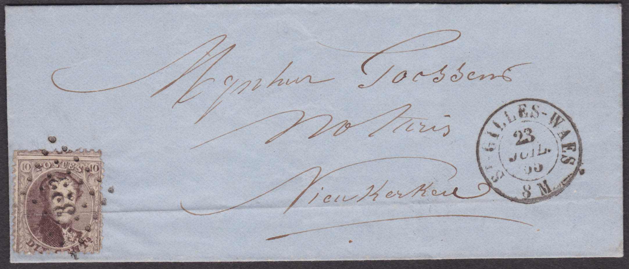 14 (pli d'archives) obl Lpts 323 + càd St Gilles-Waes 23/7/1865 sur LAC vers Niewkerke.
