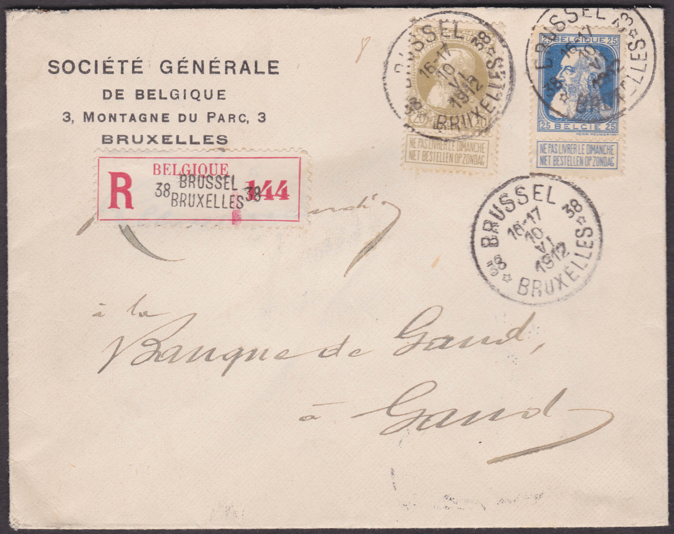 75-76 obl Agence BXL 38 du 10/6/1912 vers Gand.